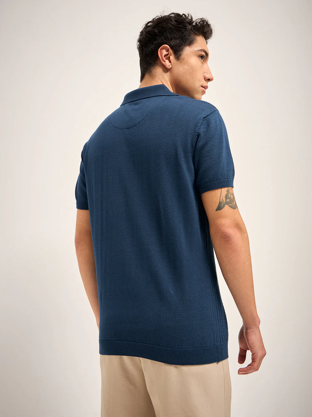 Men Blue Self Design Regular Fit Polo T-Shirt - Image 2