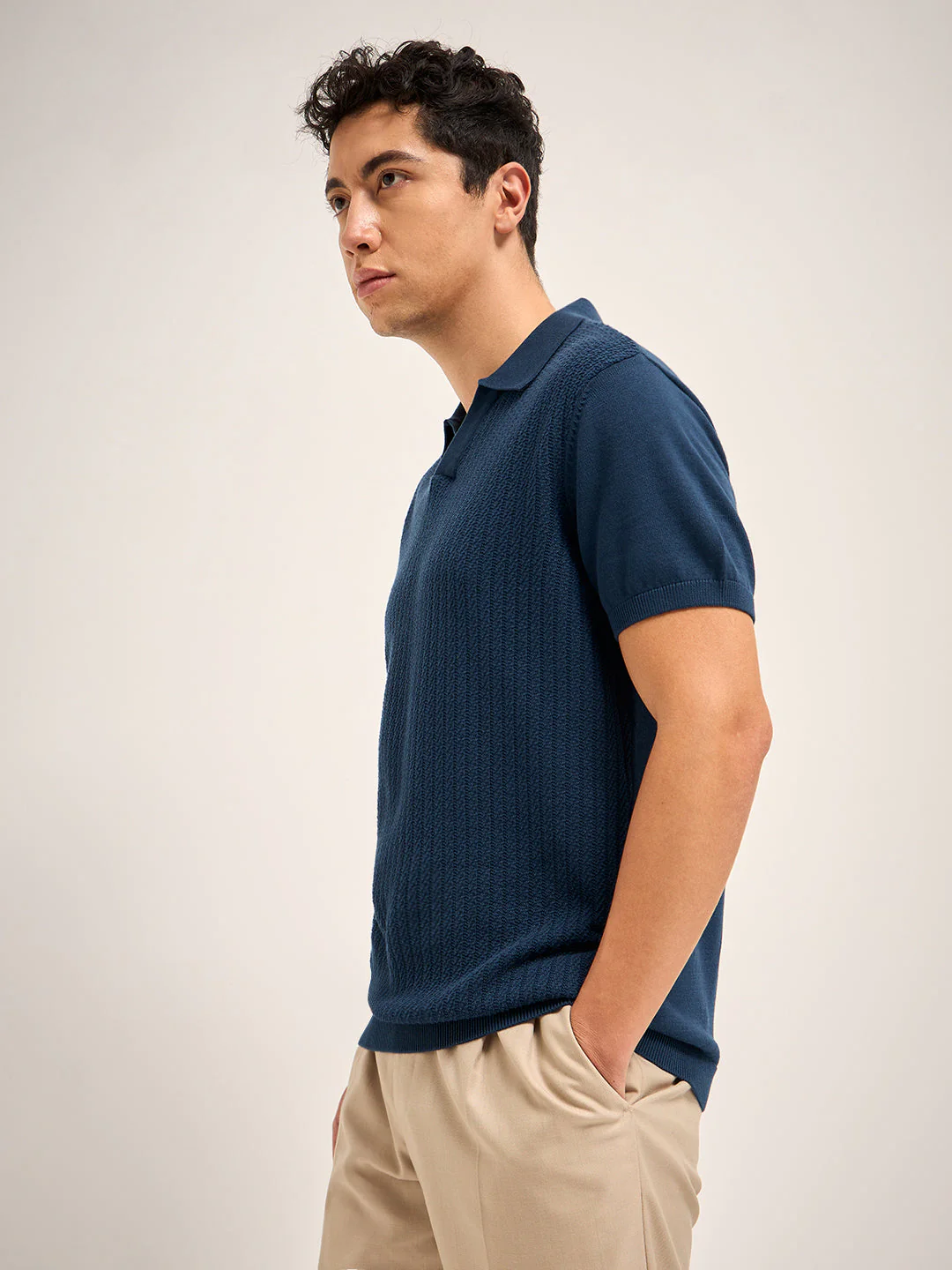 Men Blue Self Design Regular Fit Polo T-Shirt - Image 3