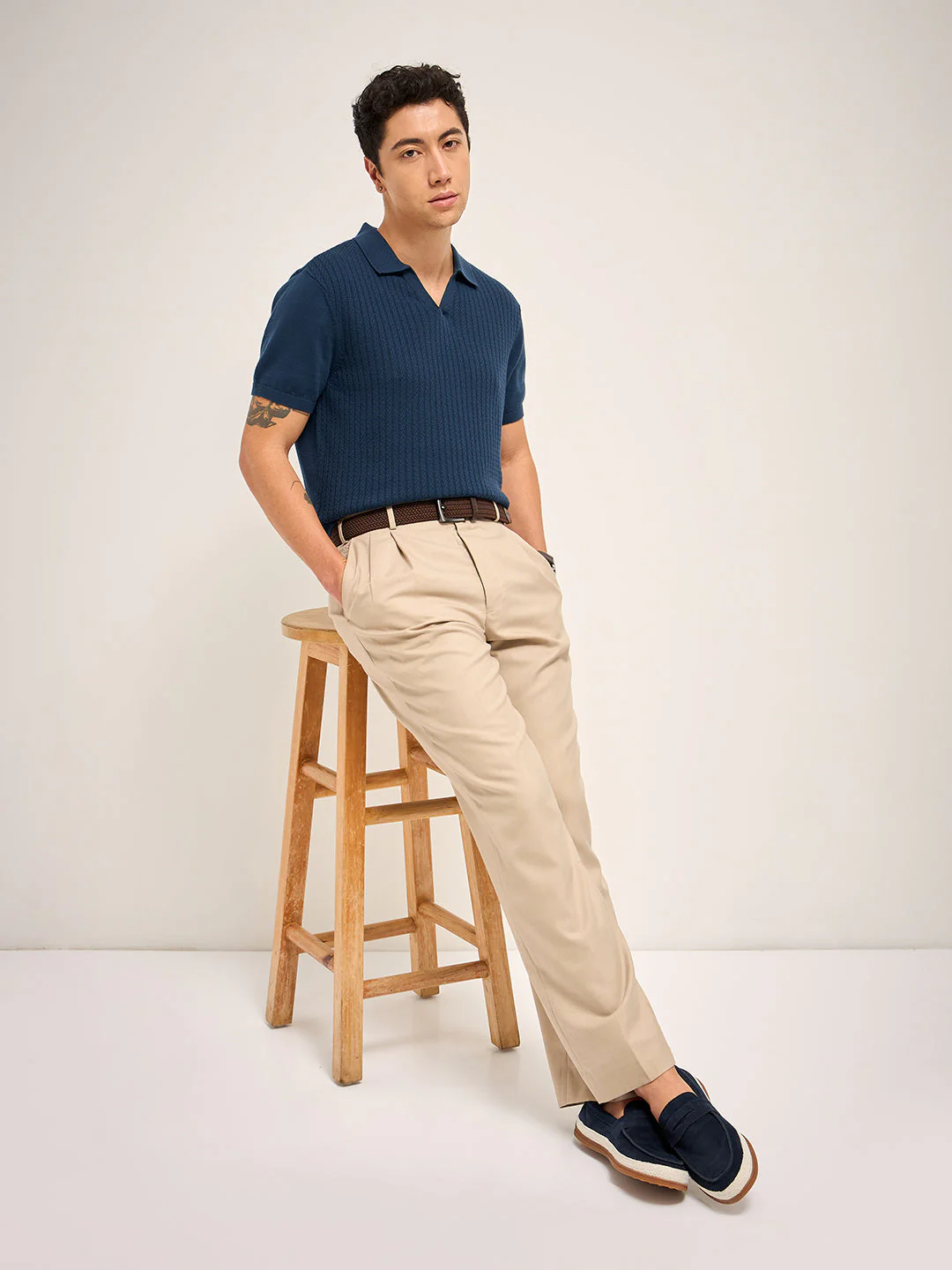 Men Blue Self Design Regular Fit Polo T-Shirt - Image 4