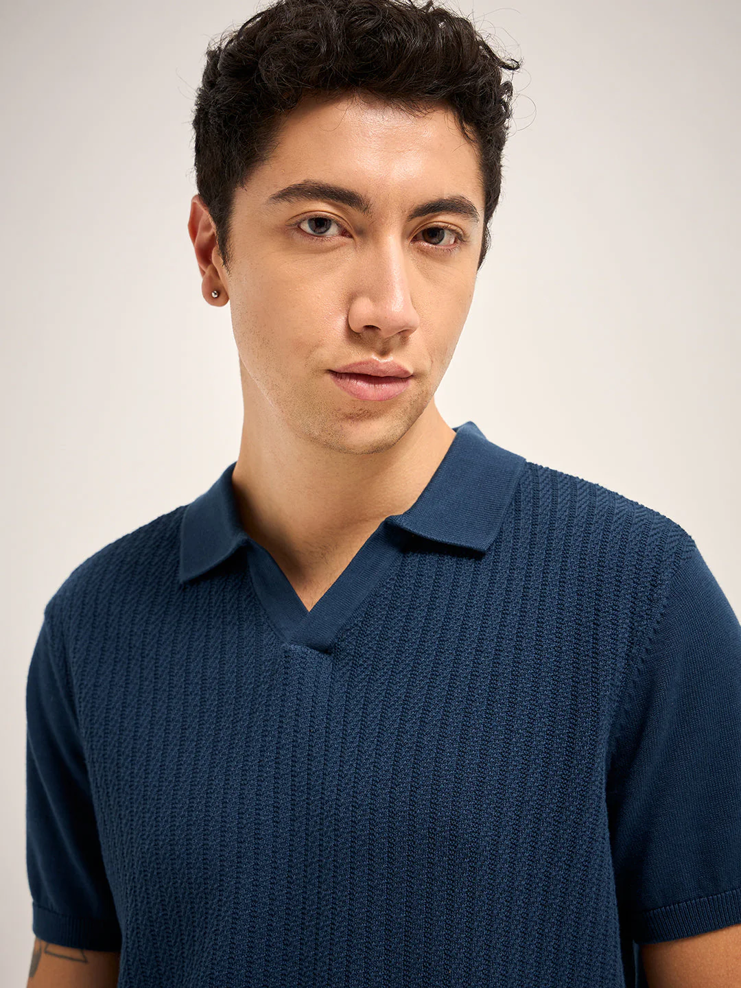 Men Blue Self Design Regular Fit Polo T-Shirt - Image 5