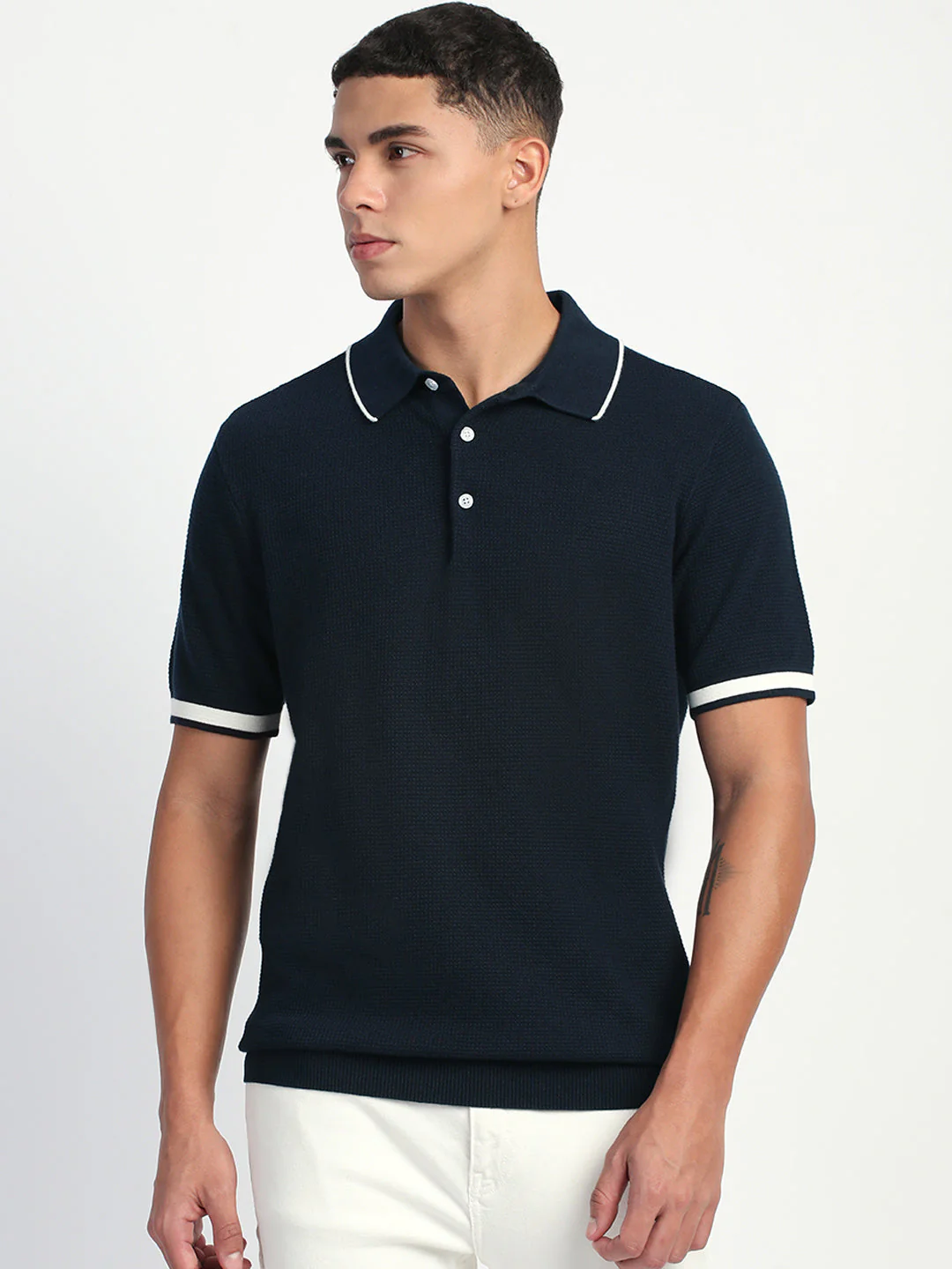 Men Blue Self Design Regular Fit Polo T-Shirt - Image 2
