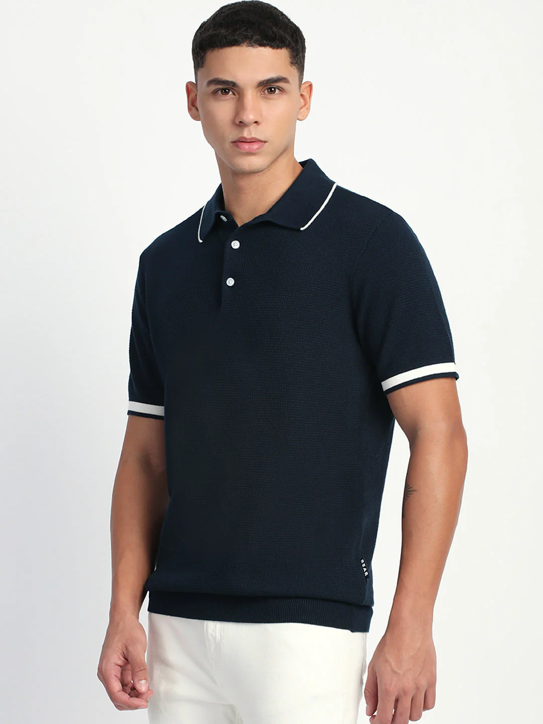 Men Blue Self Design Regular Fit Polo T-Shirt - Image 3