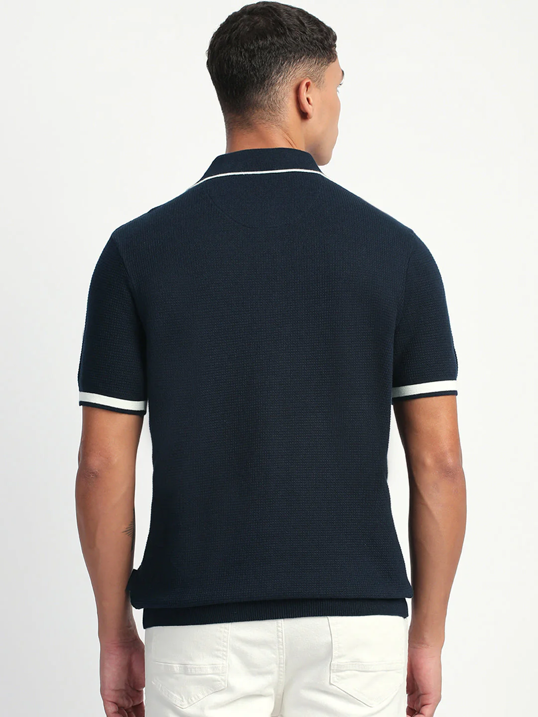 Men Blue Self Design Regular Fit Polo T-Shirt - Image 4