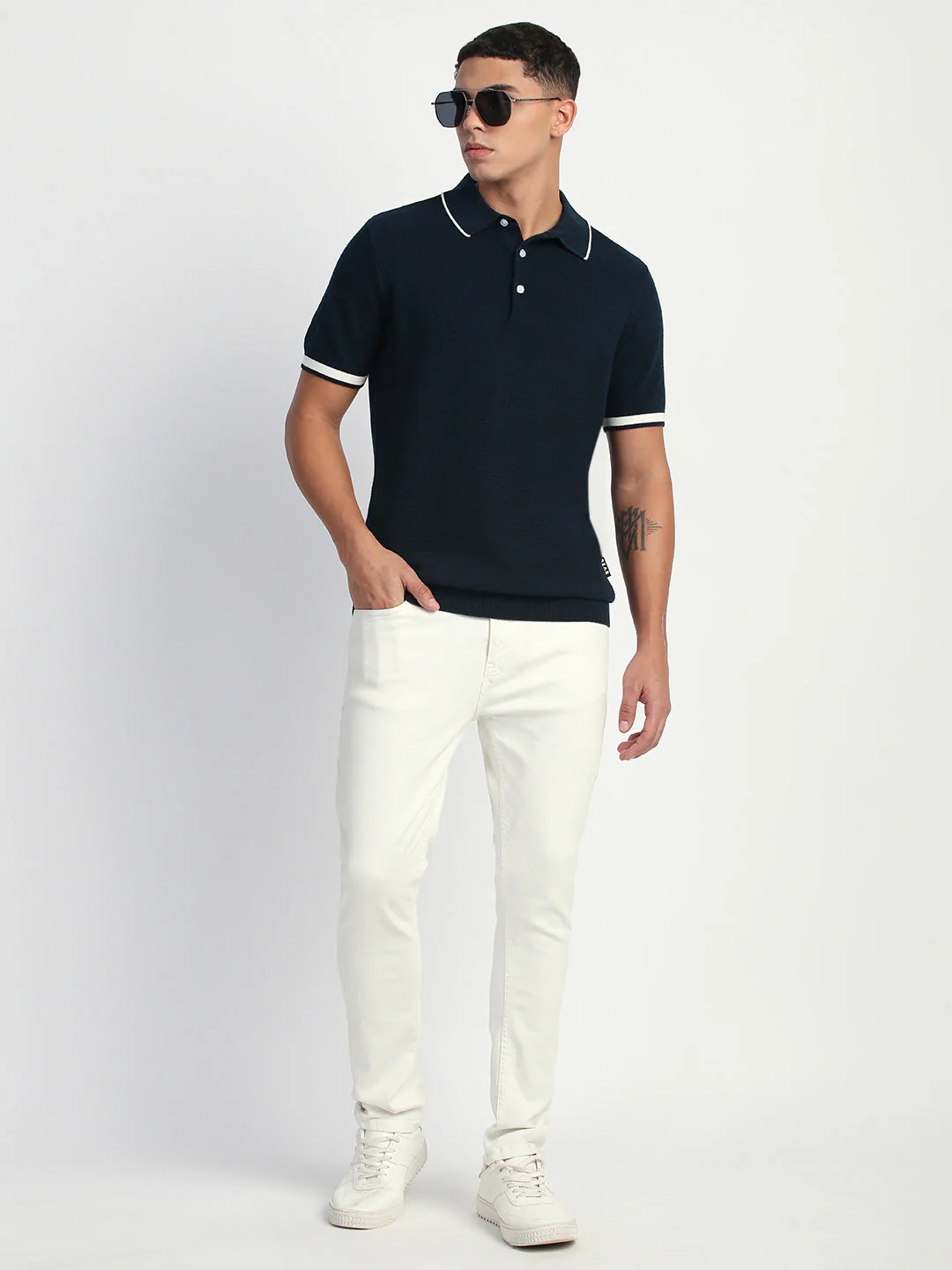 Men Blue Self Design Regular Fit Polo T-Shirt - Image 5