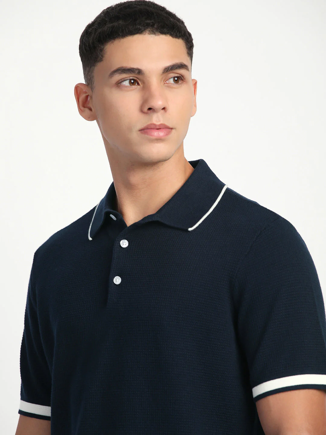 Men Blue Self Design Regular Fit Polo T-Shirt - Image 6