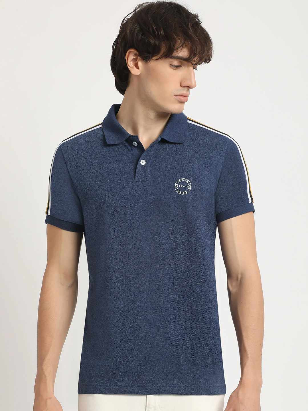 Men Blue Self Design Slim Fit Polo Collar T-shirt - Image 2