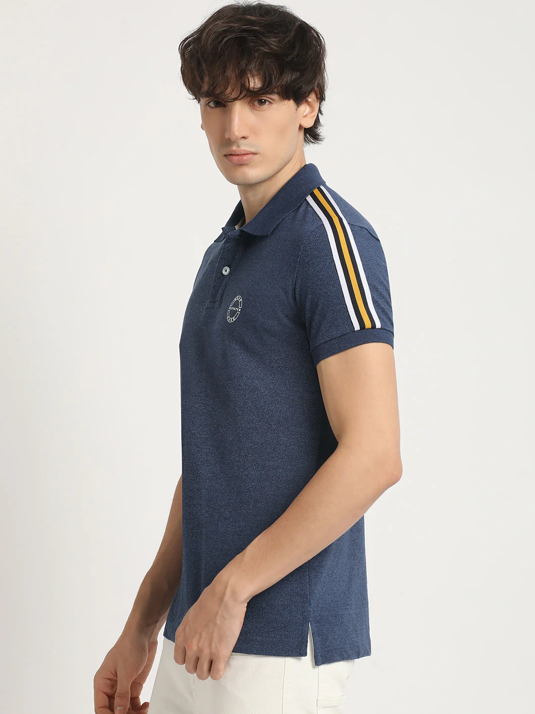 Men Blue Self Design Slim Fit Polo Collar T-shirt - Image 3