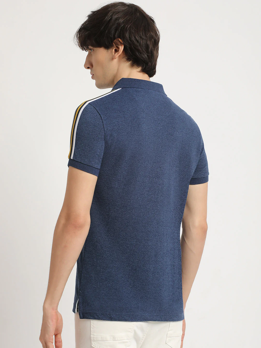 Men Blue Self Design Slim Fit Polo Collar T-shirt - Image 4