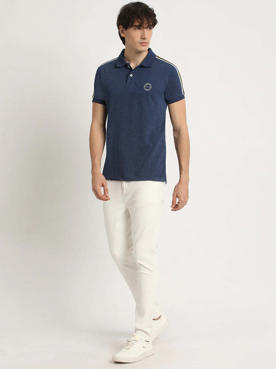 Men Blue Self Design Slim Fit Polo Collar T-shirt - Image 5