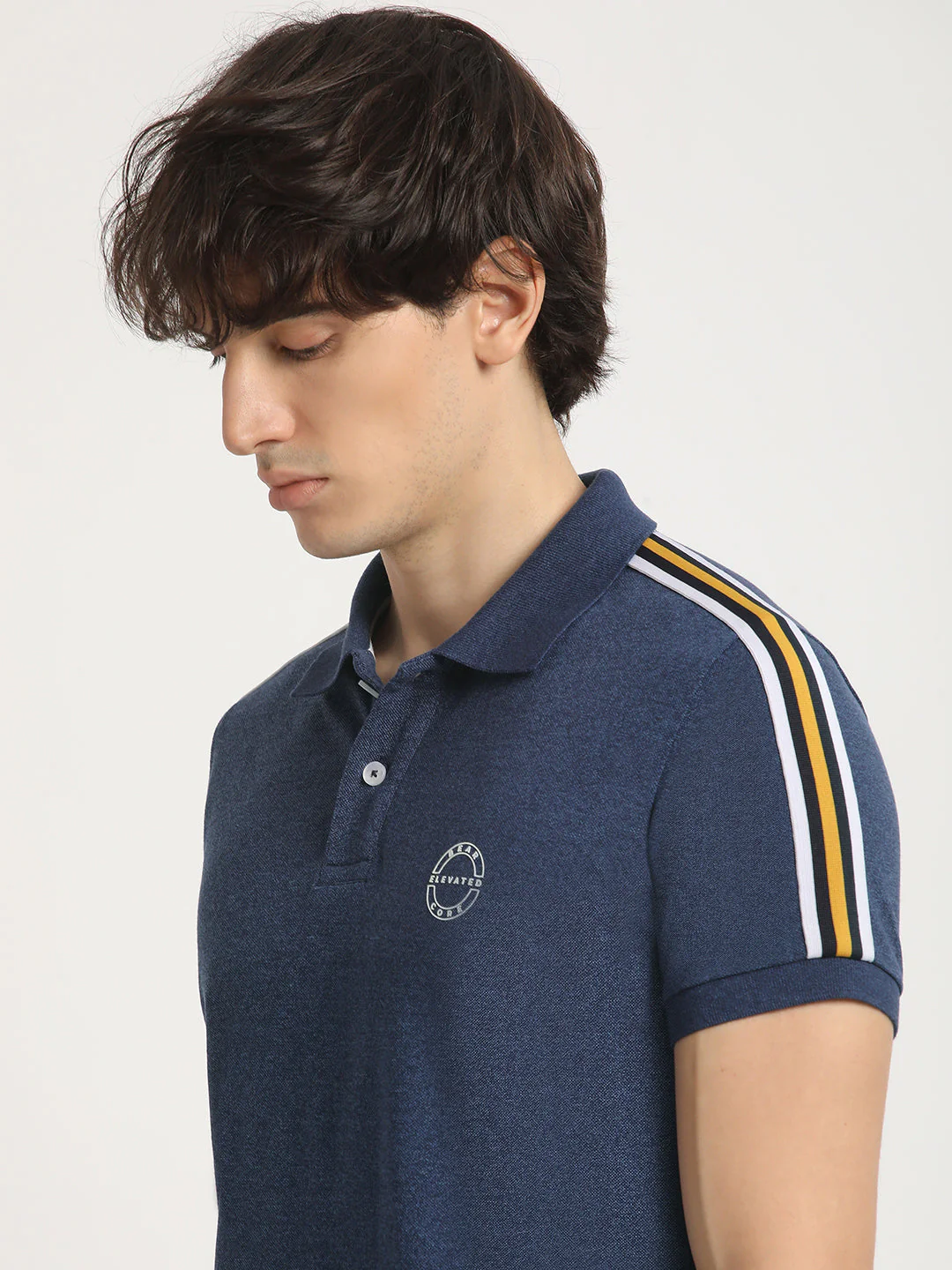 Men Blue Self Design Slim Fit Polo Collar T-shirt - Image 6