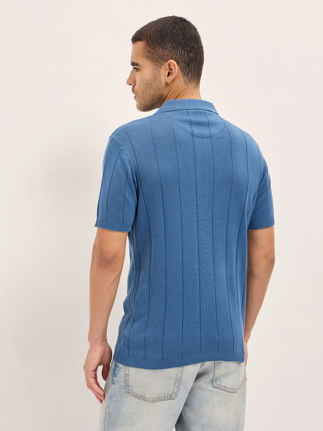 Men Blue Self-Striped Design Slim Fit Polo - Image 2
