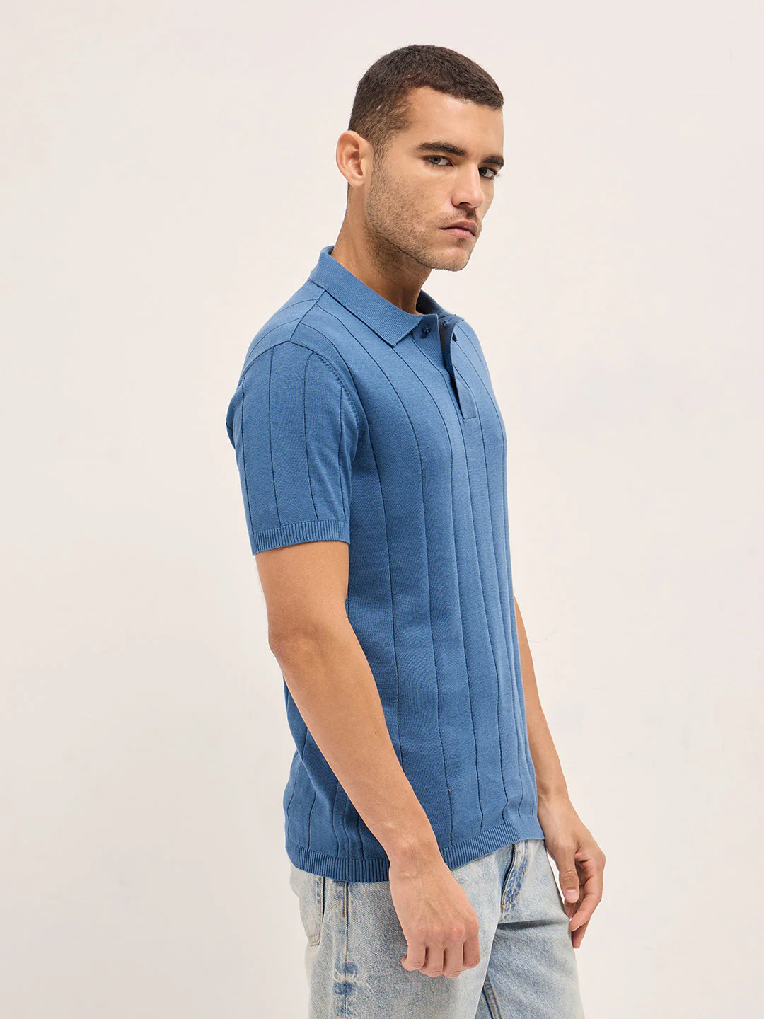 Men Blue Self-Striped Design Slim Fit Polo - Image 3
