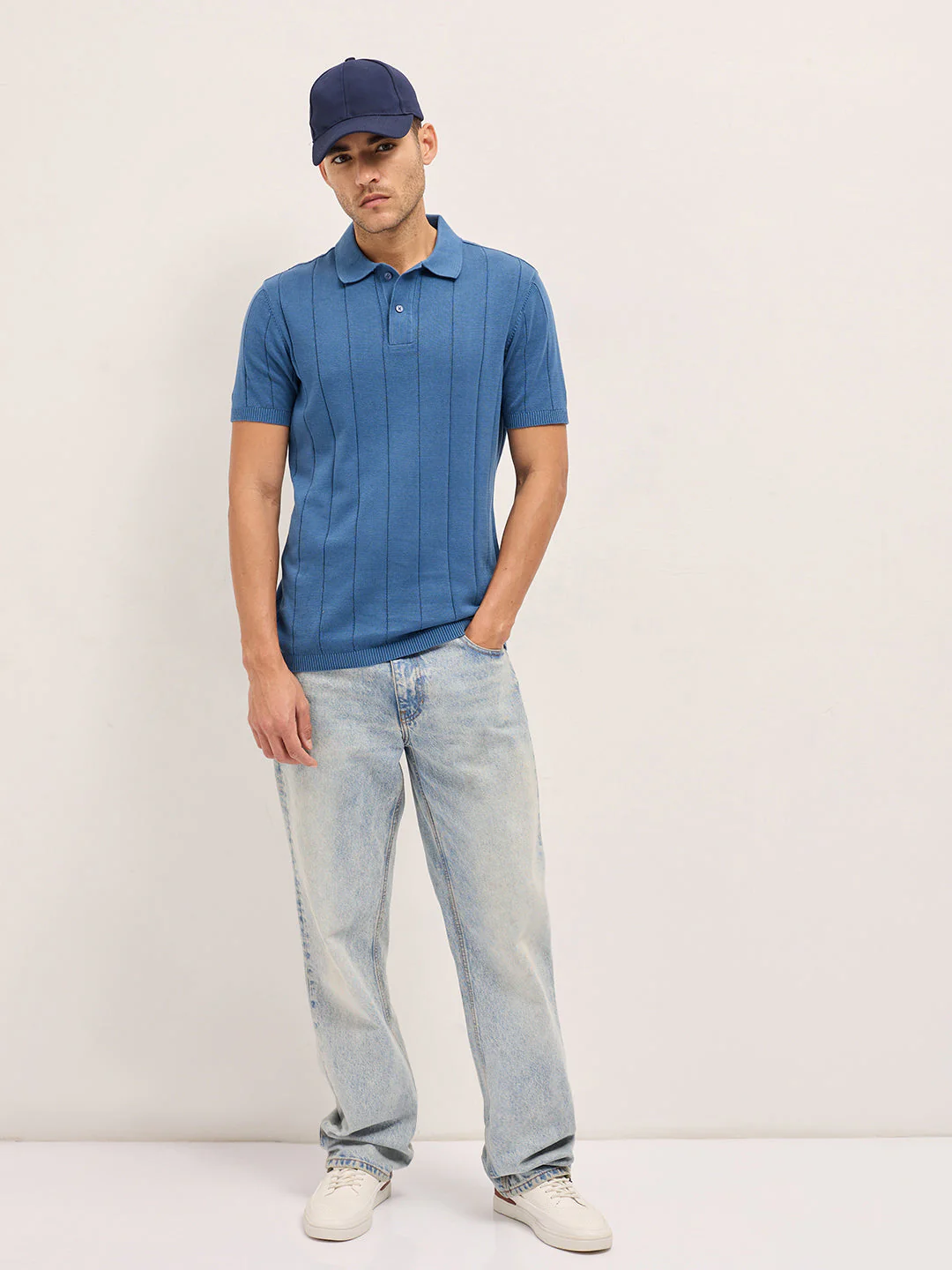 Men Blue Self-Striped Design Slim Fit Polo - Image 4
