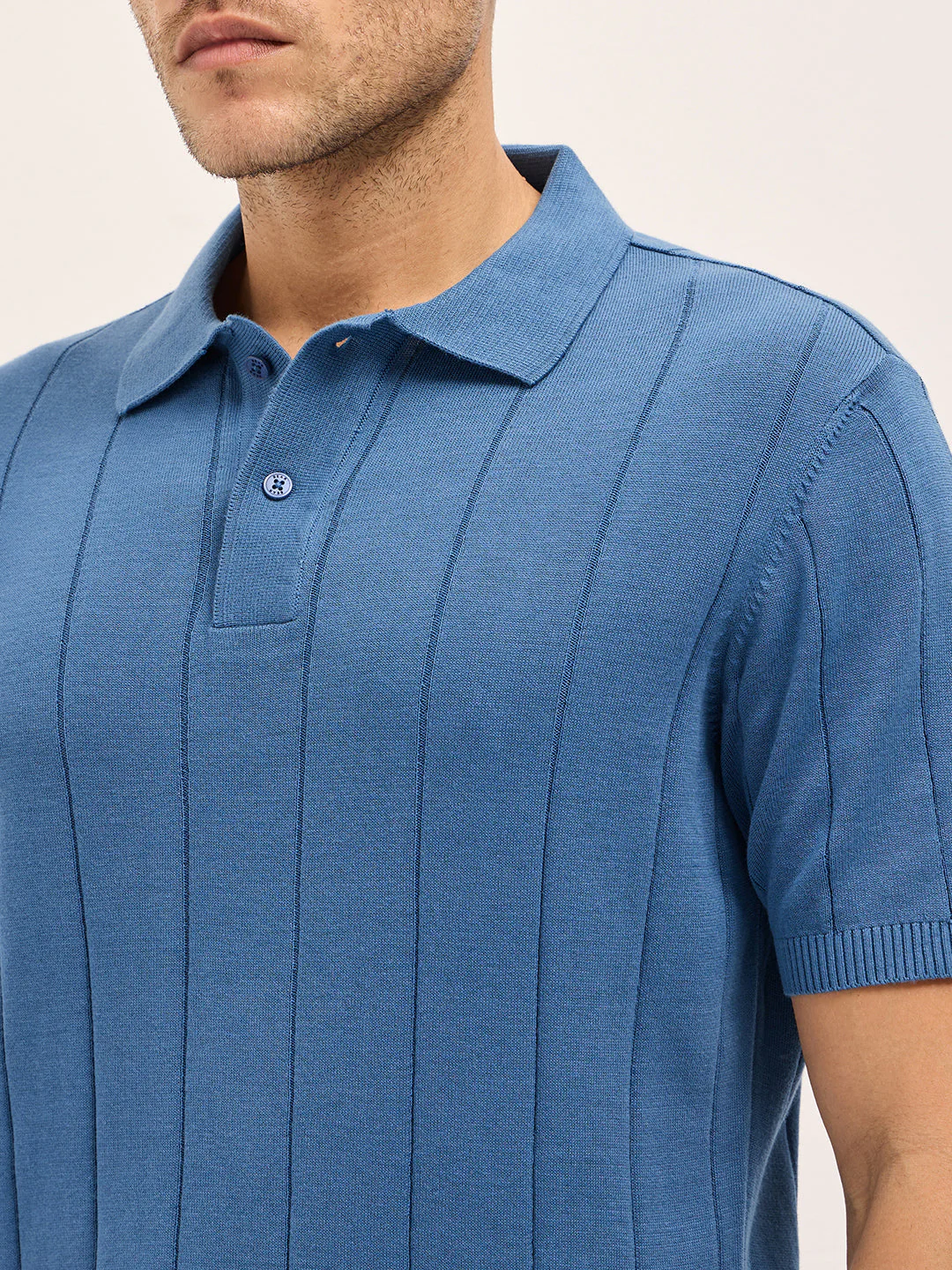 Men Blue Self-Striped Design Slim Fit Polo - Image 5