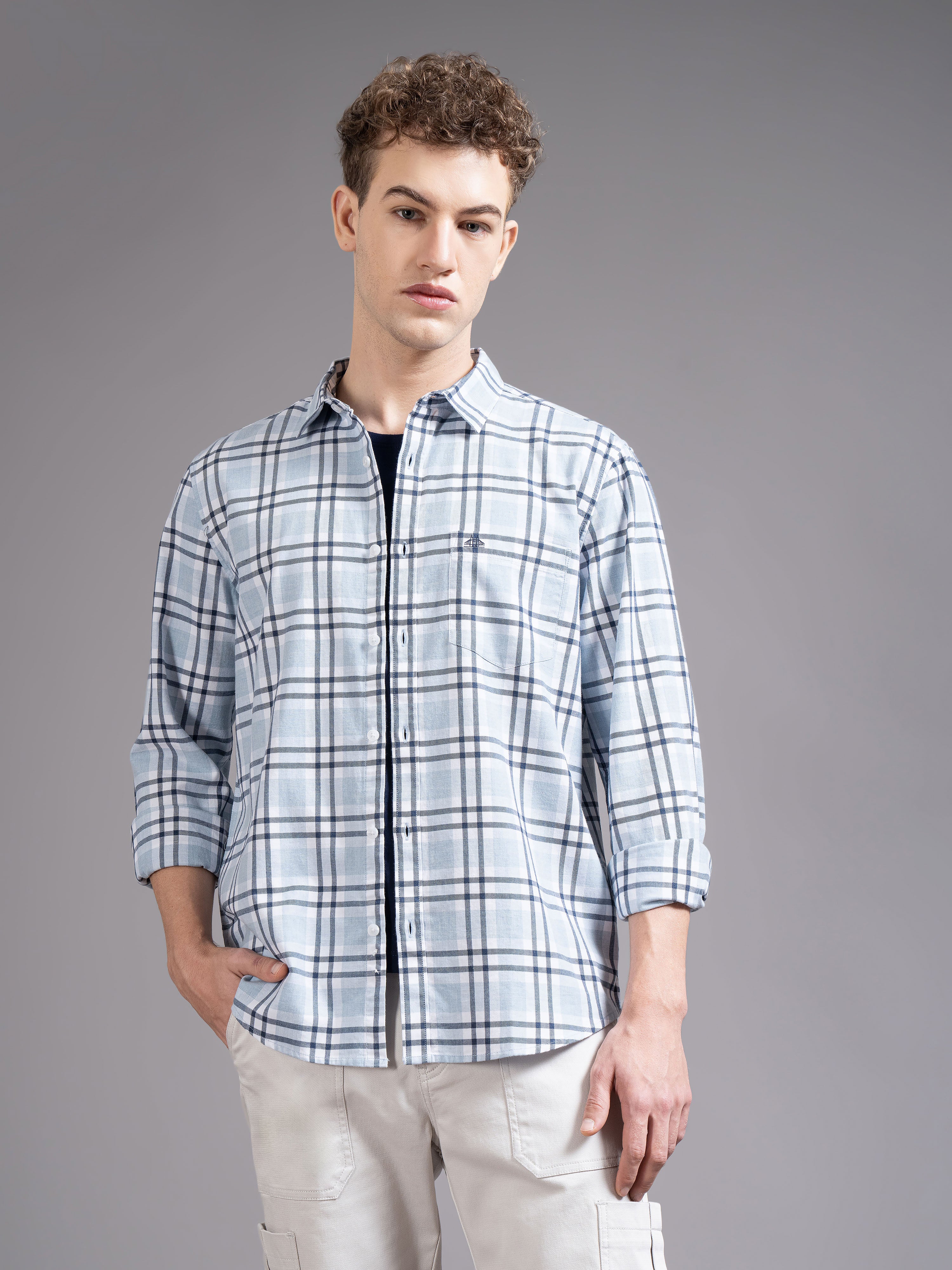 Men Blue Slim Fit Checked Shirt
