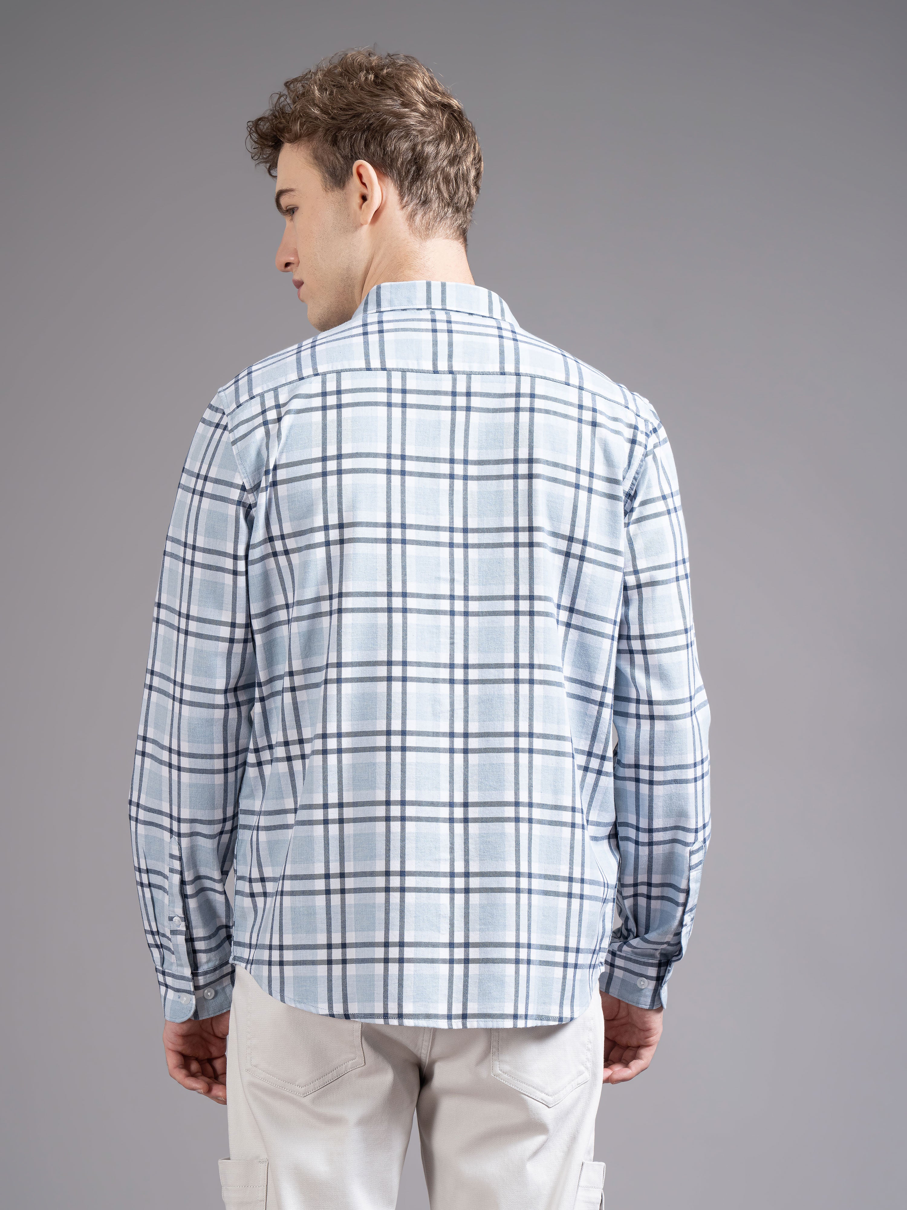 Men Blue Slim Fit Checked Shirt - Image 2