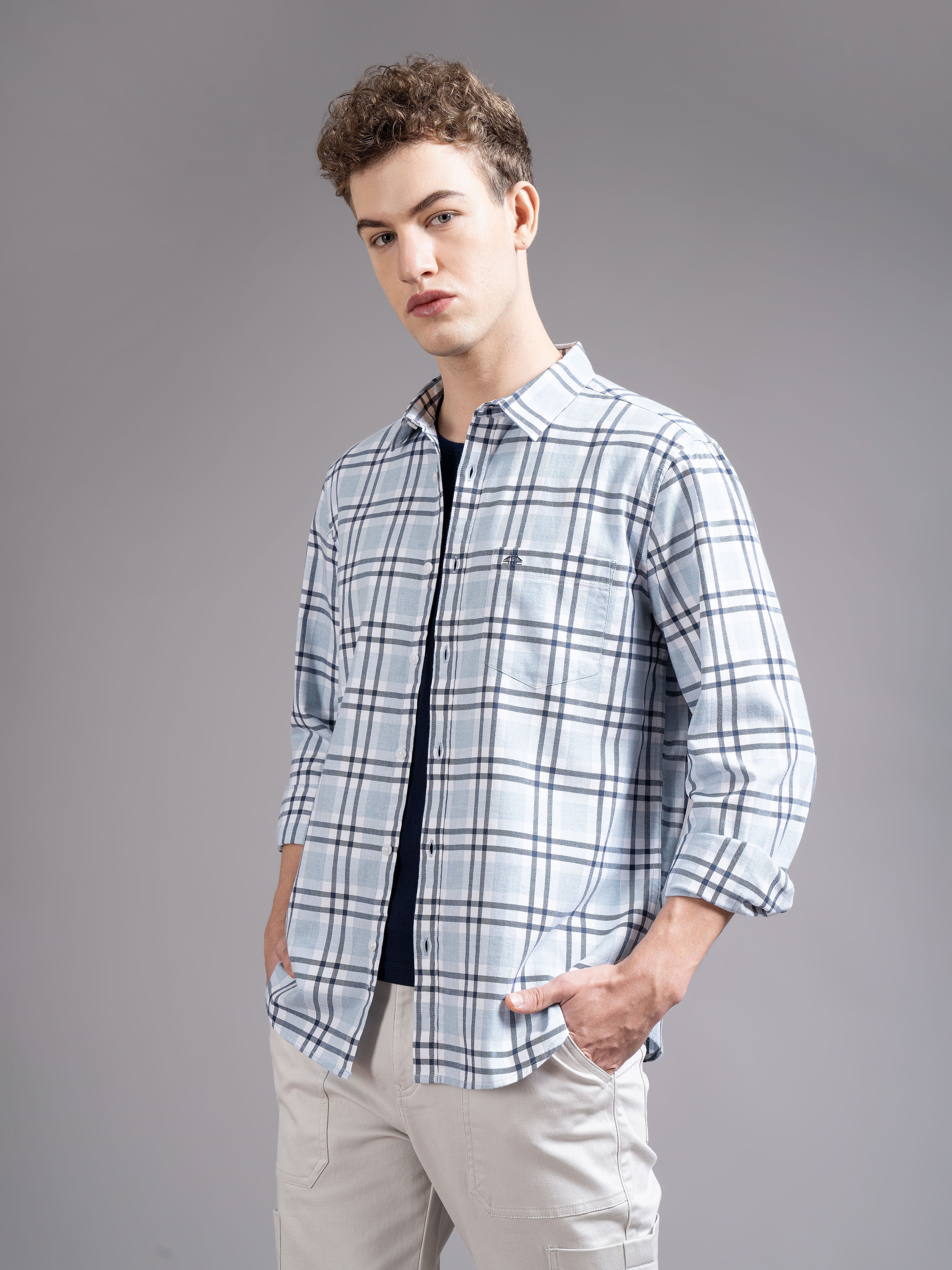 Men Blue Slim Fit Checked Shirt - Image 3