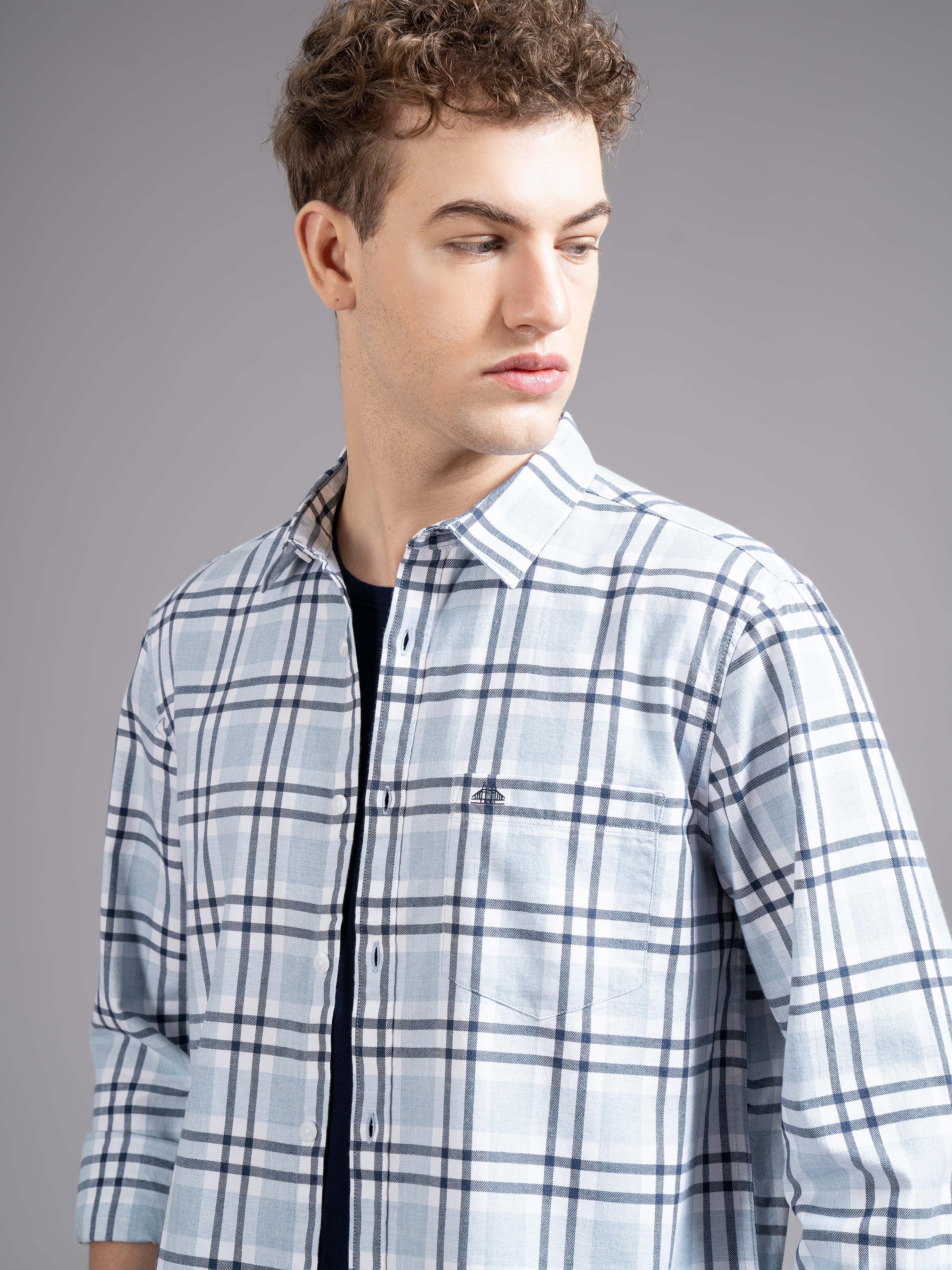 Men Blue Slim Fit Checked Shirt - Image 5