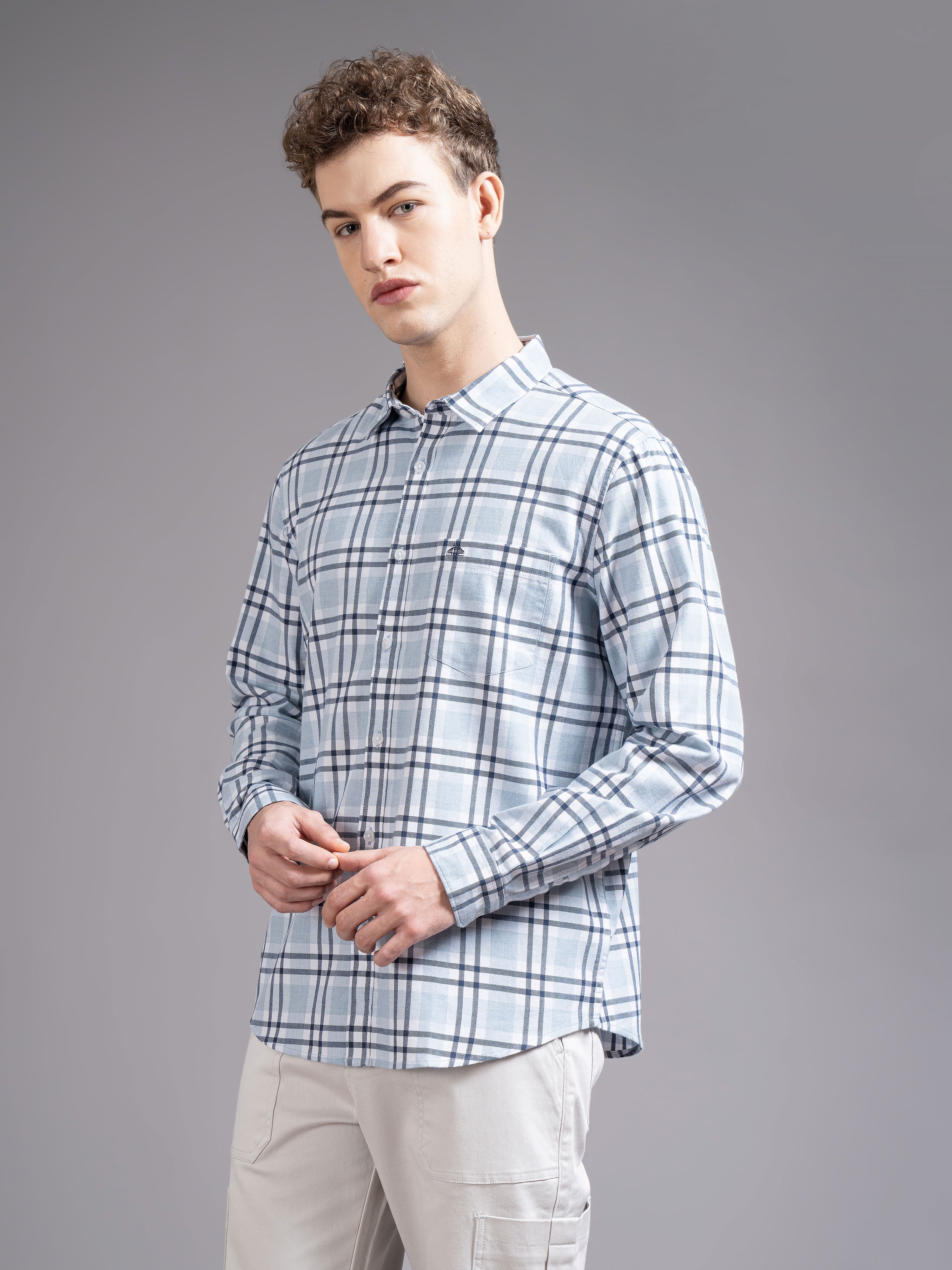 Men Blue Slim Fit Checked Shirt - Image 6