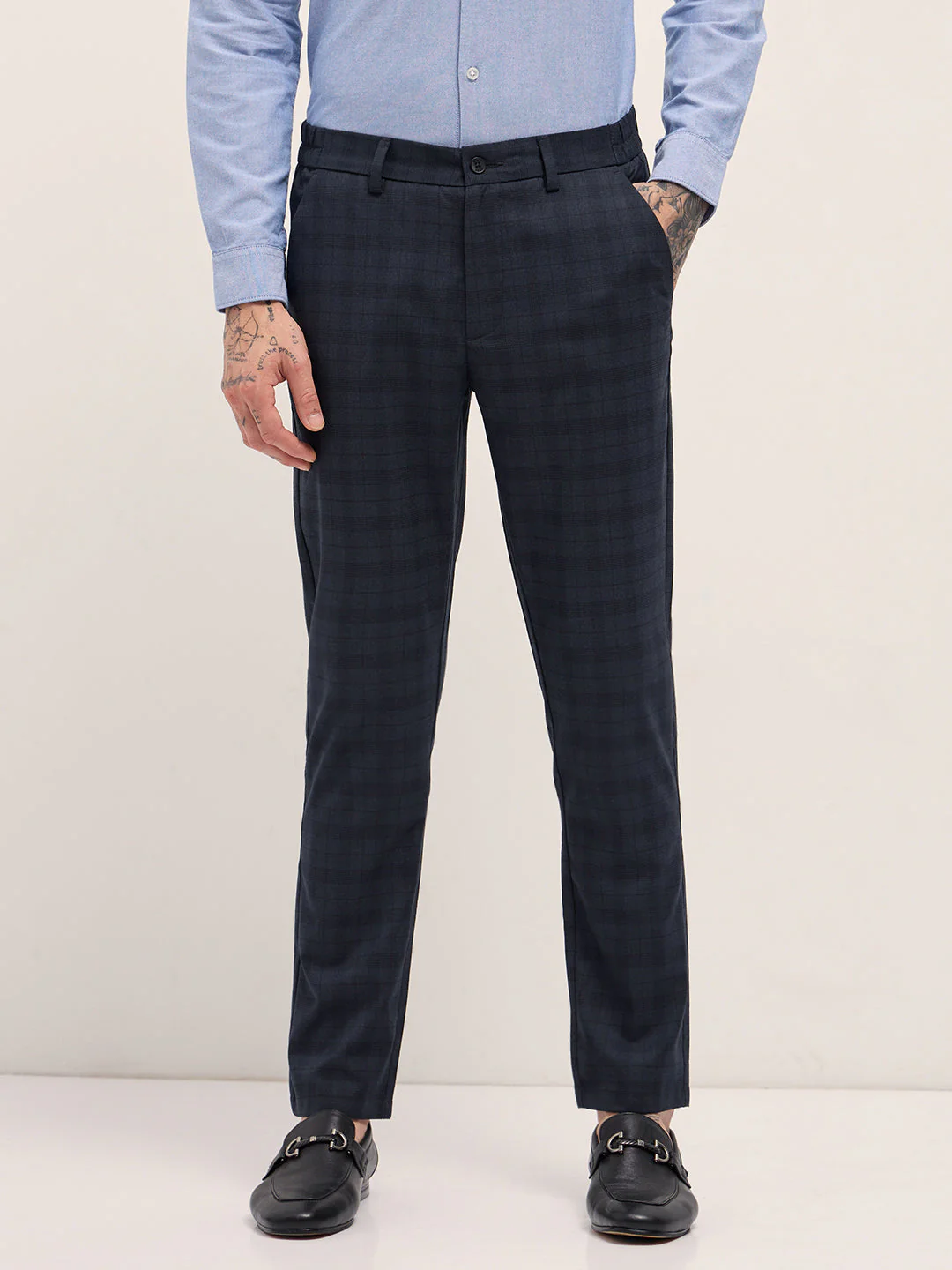 Men Blue Slim Fit Formal Trousers - Image 7