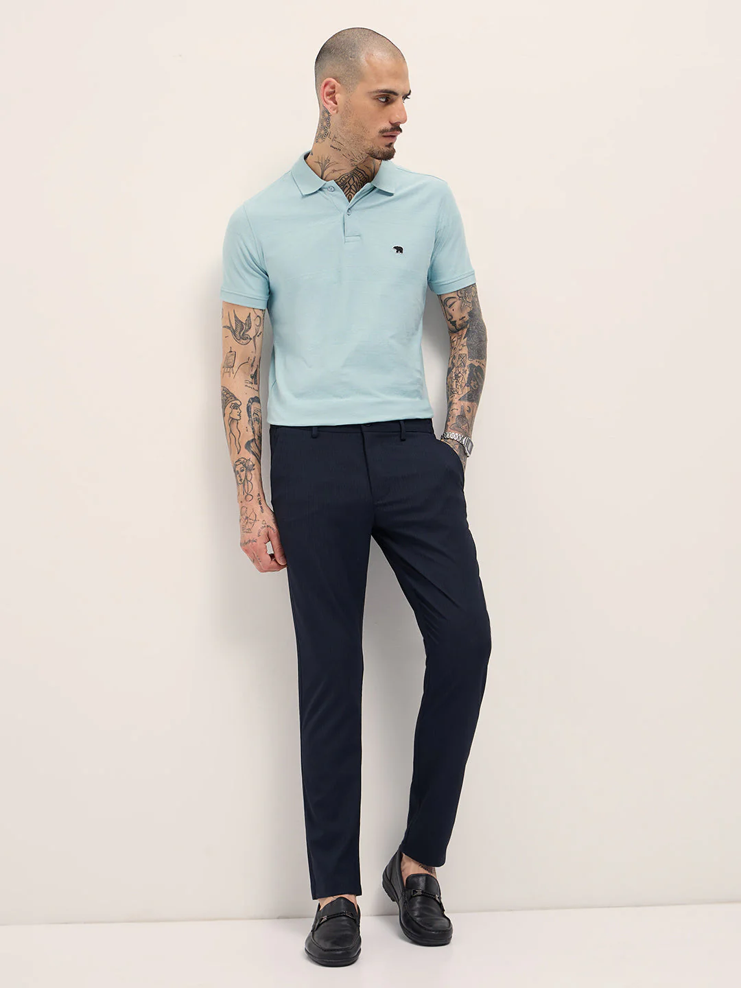 Men Blue Slim Fit Formal Trousers - Image 4