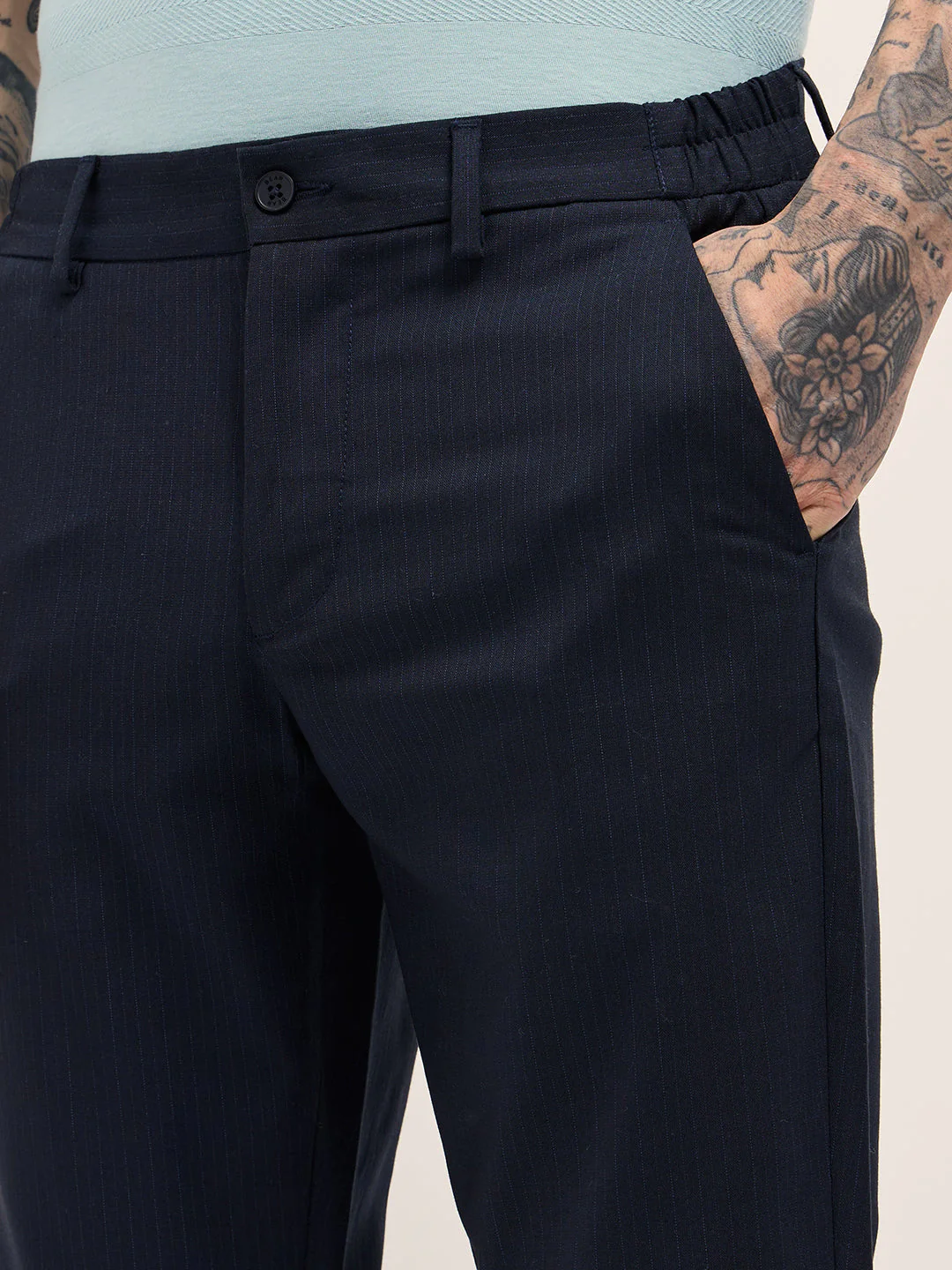 Men Blue Slim Fit Formal Trousers - Image 5