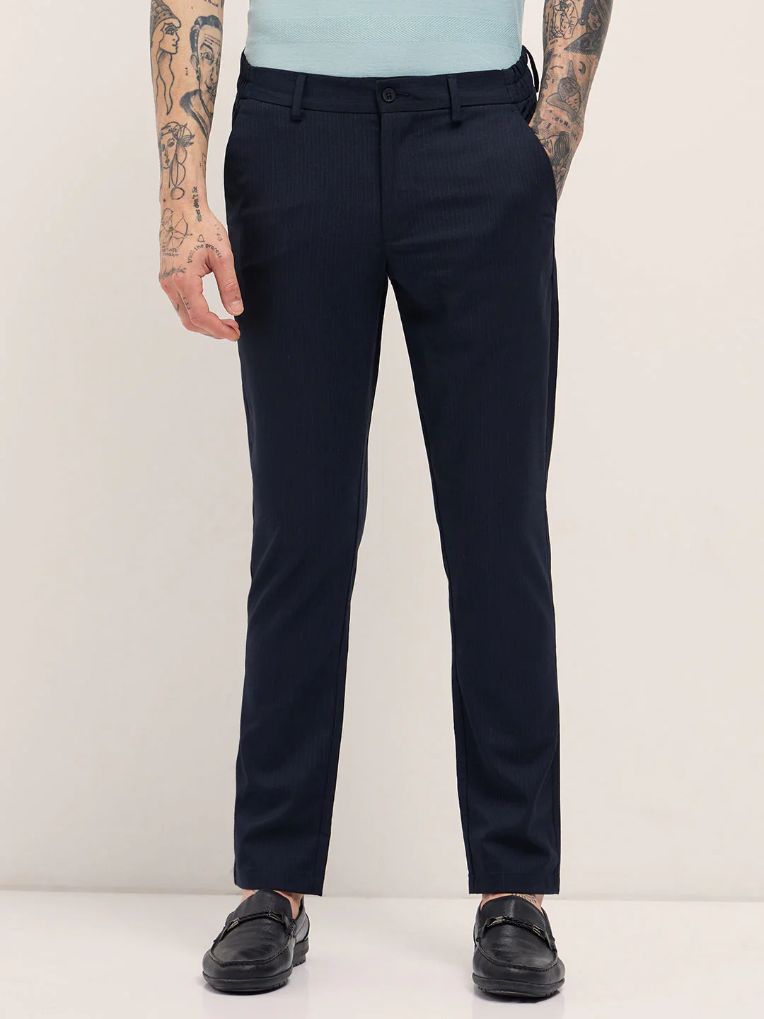 Men Blue Slim Fit Formal Trousers - Image 7