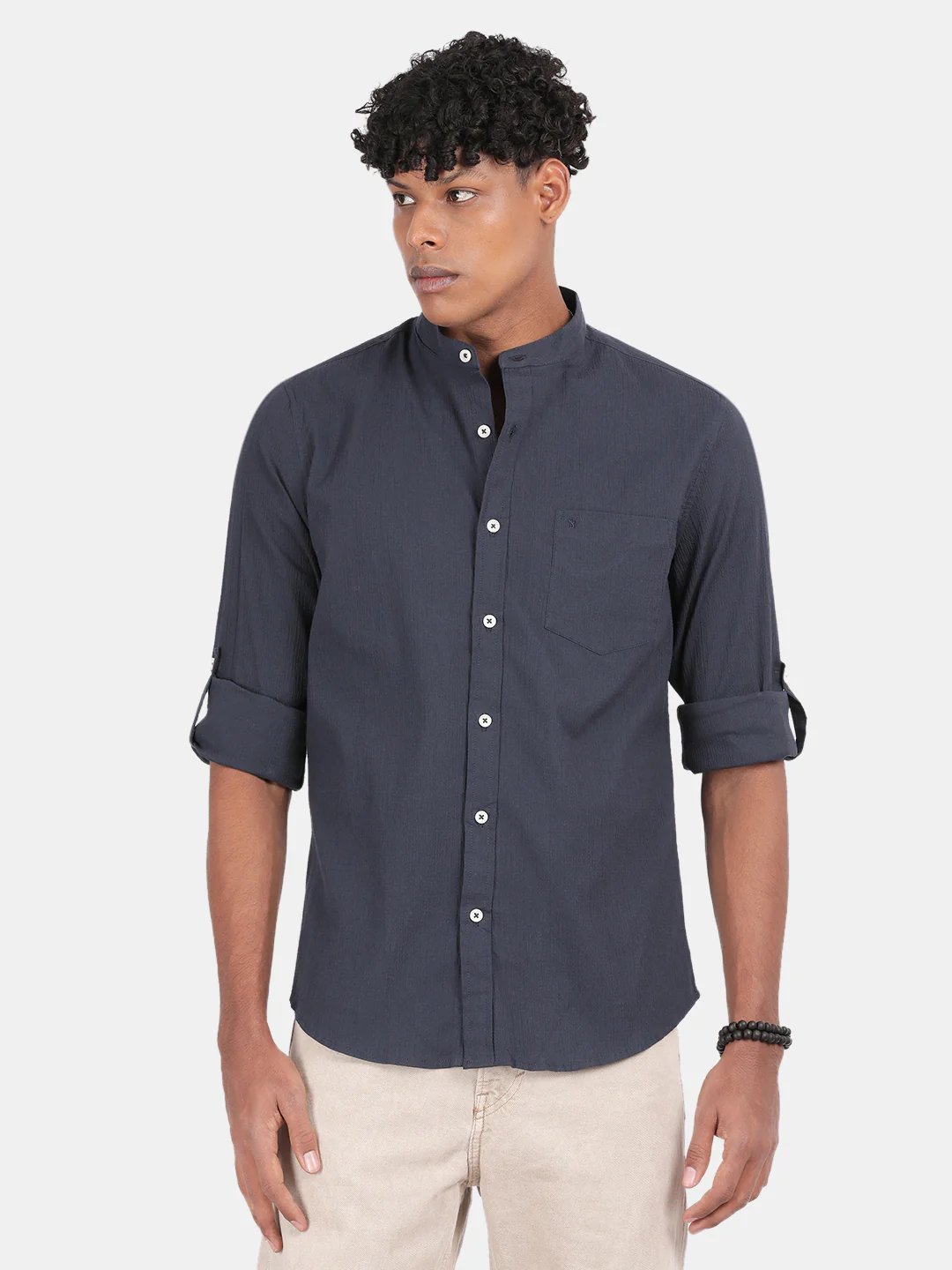 Men Blue Slim Fit Mandarin Collar Full Sleeve Casual Shirt - Image 2