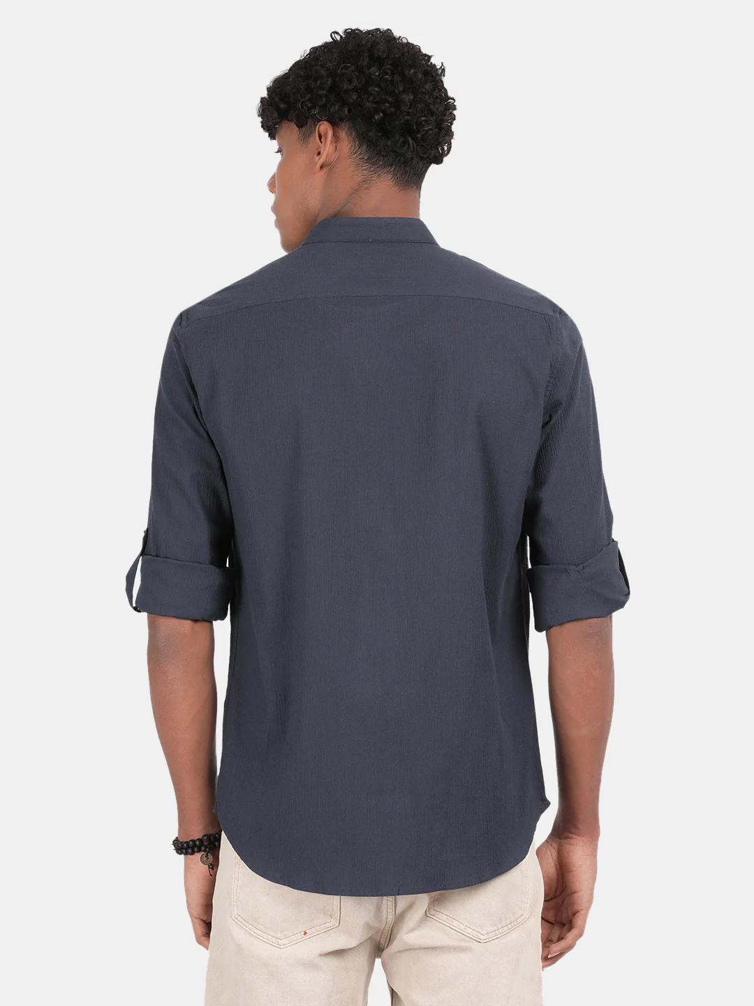 Men Blue Slim Fit Mandarin Collar Full Sleeve Casual Shirt - Image 3