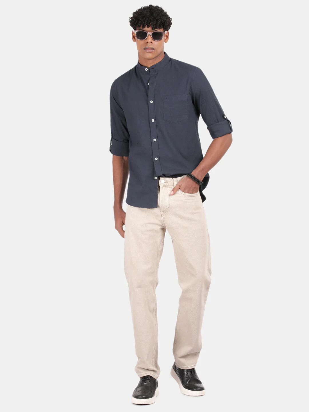 Men Blue Slim Fit Mandarin Collar Full Sleeve Casual Shirt - Image 4