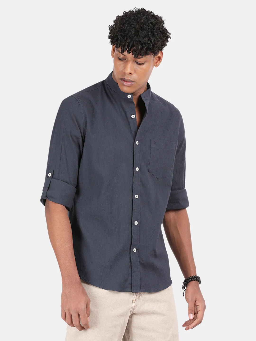 Men Blue Slim Fit Mandarin Collar Full Sleeve Casual Shirt - Image 5