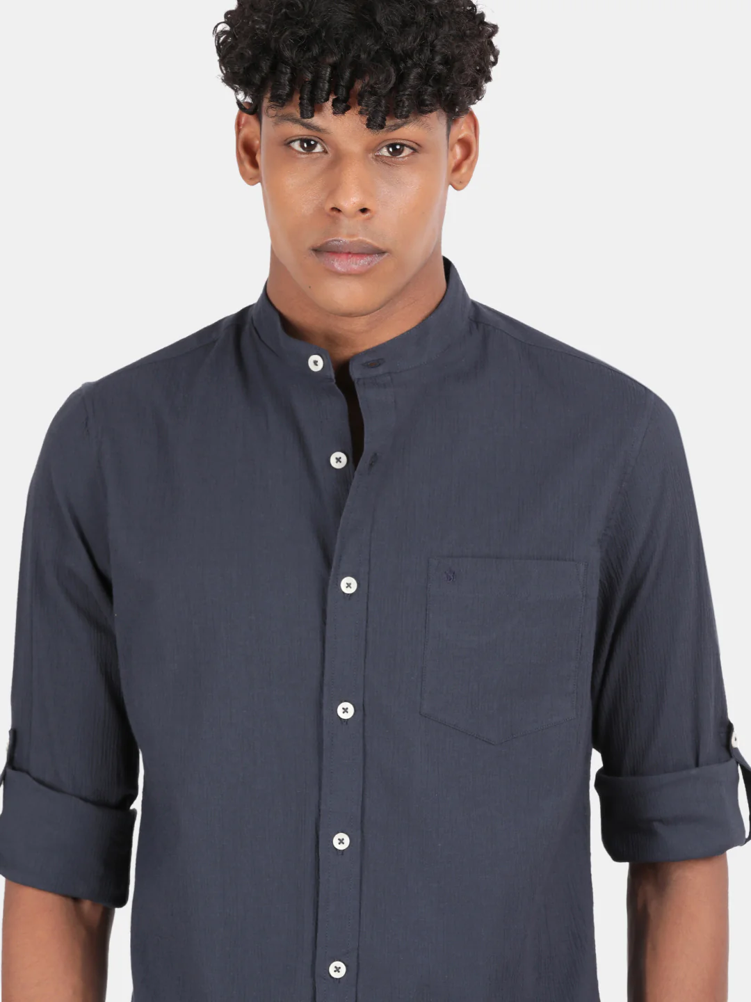 Men Blue Slim Fit Mandarin Collar Full Sleeve Casual Shirt - Image 6