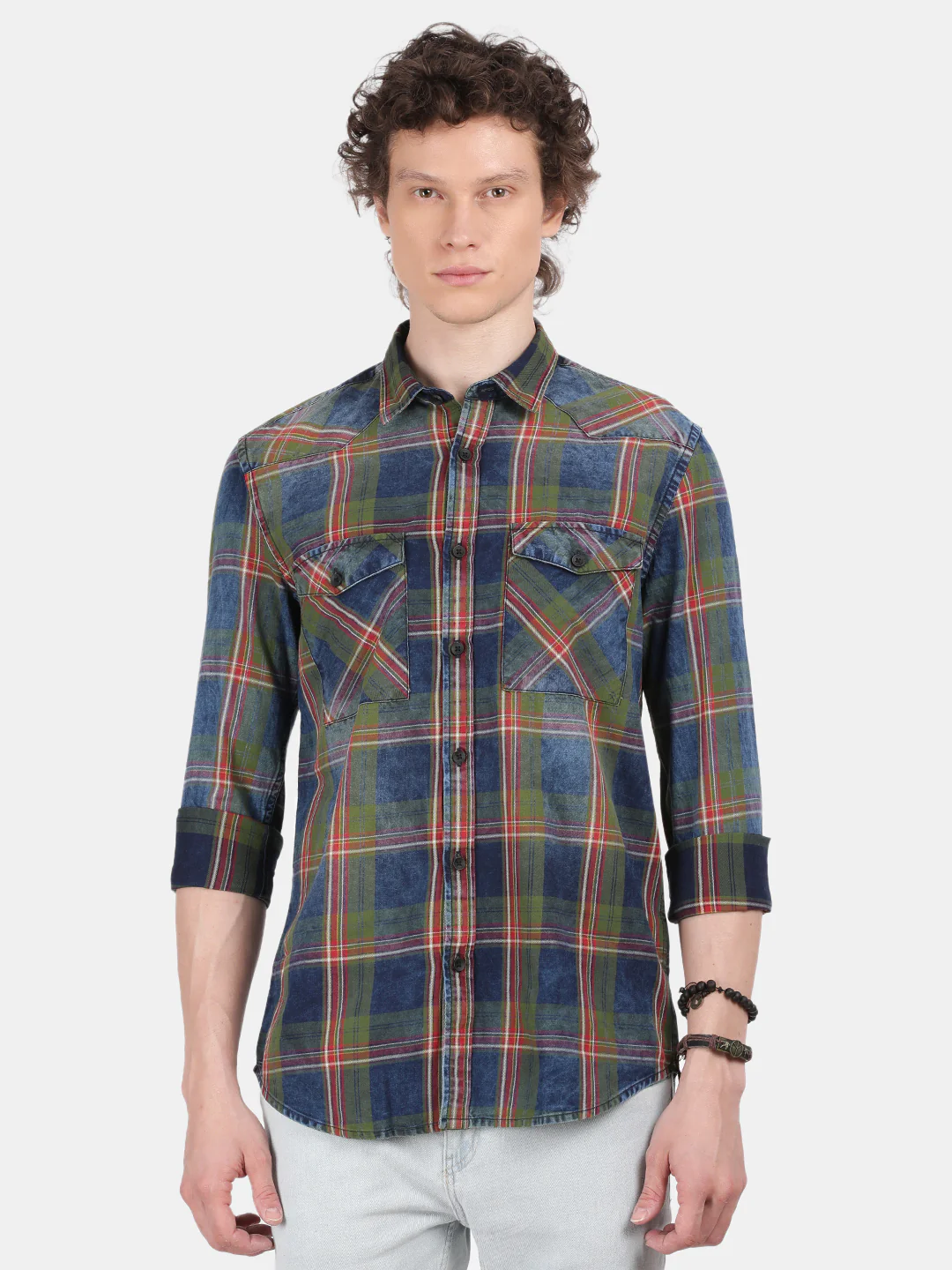 Men Blue Slim Fit Spread Collar Full Sleeve Casual Shirt - Image 2
