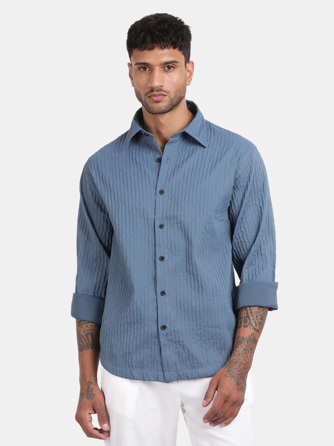 Men Blue Slim Fit Spread Collar Full Sleeve Casual Shirt - Image 2
