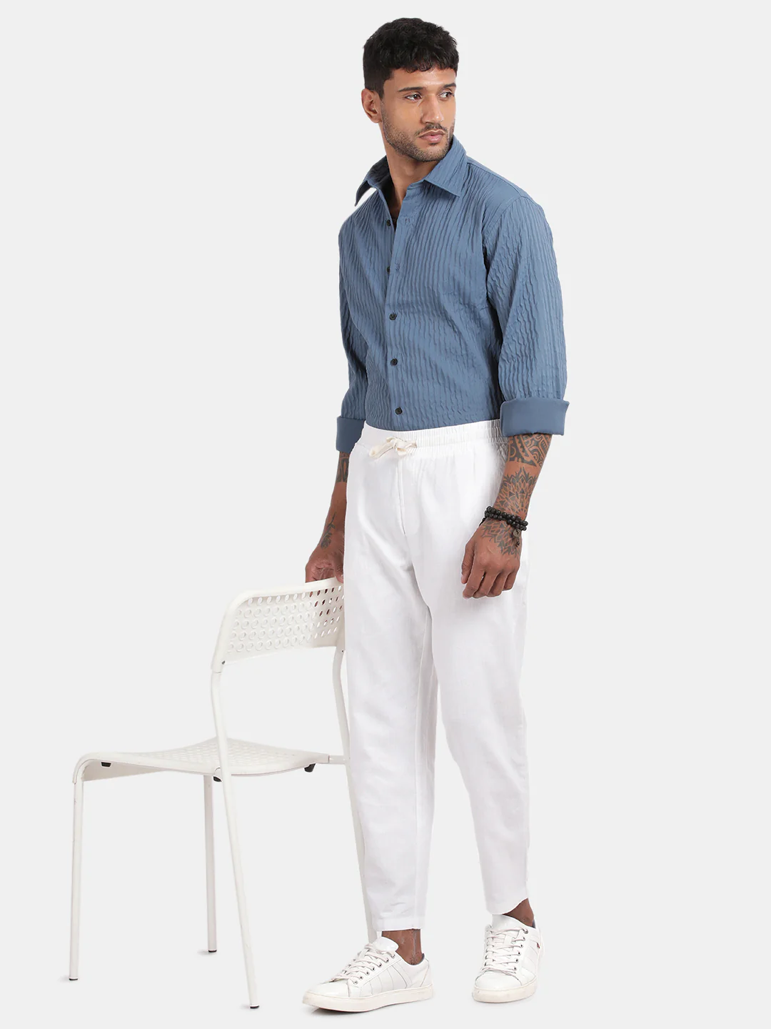 Men Blue Slim Fit Spread Collar Full Sleeve Casual Shirt - Image 4