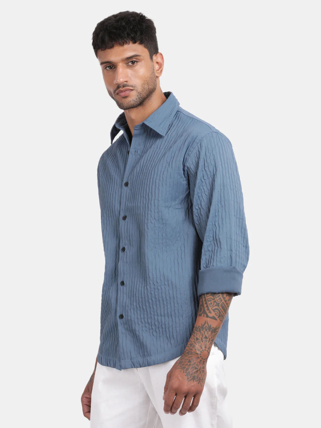 Men Blue Slim Fit Spread Collar Full Sleeve Casual Shirt - Image 5