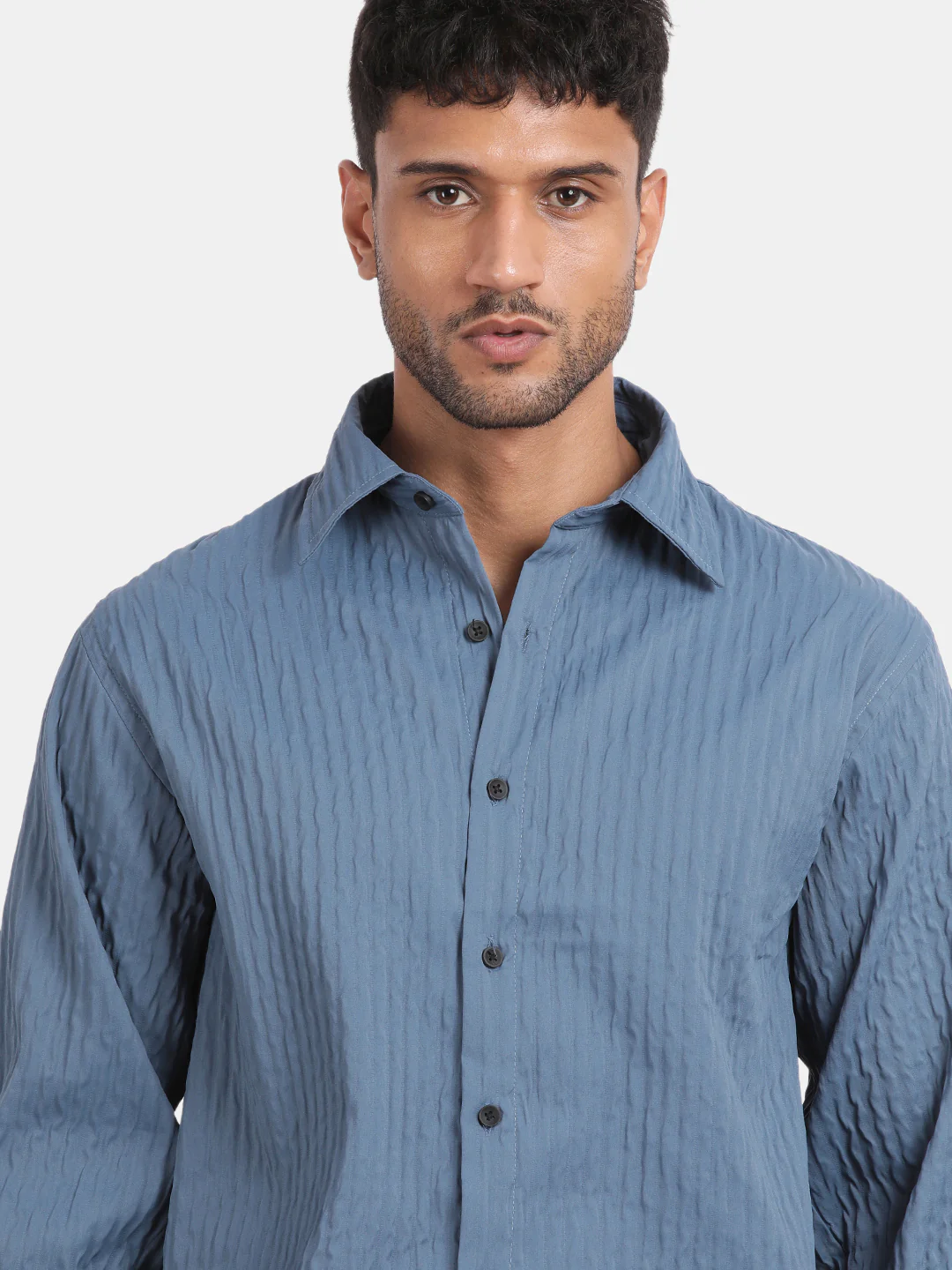 Men Blue Slim Fit Spread Collar Full Sleeve Casual Shirt - Image 6