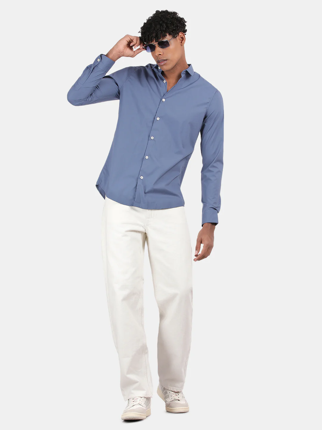 Men Blue Slim Fit Spread Collar Full Sleeve Casual Shirt - Image 4