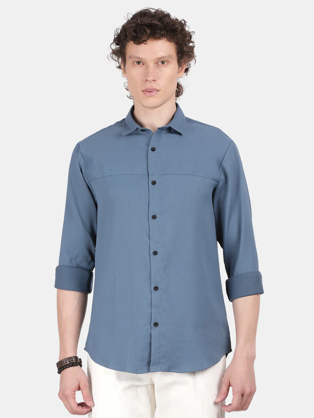 Men Blue Slim Fit Spread Collar Full Sleeve Casual Shirt - Image 2
