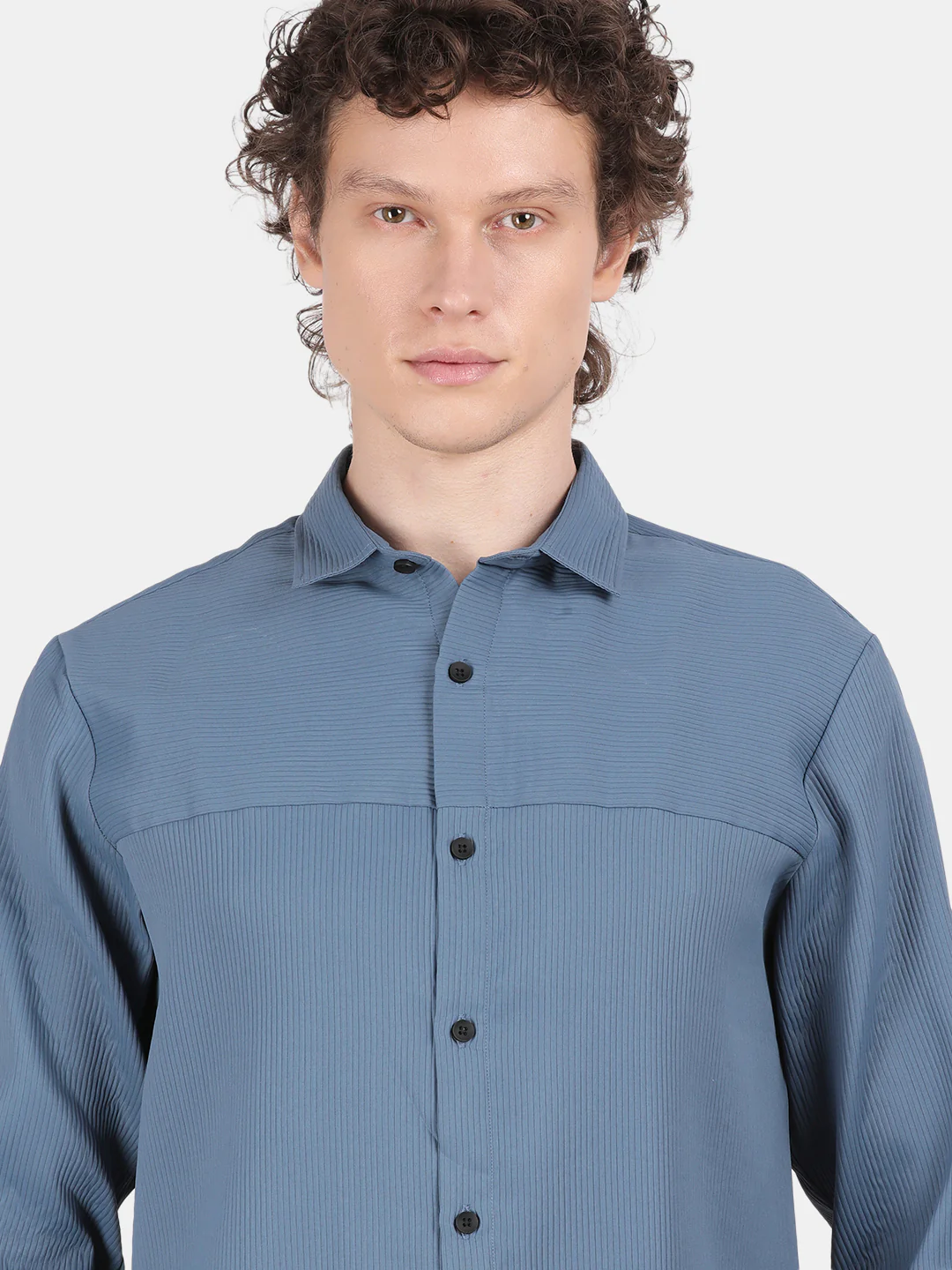 Men Blue Slim Fit Spread Collar Full Sleeve Casual Shirt - Image 4