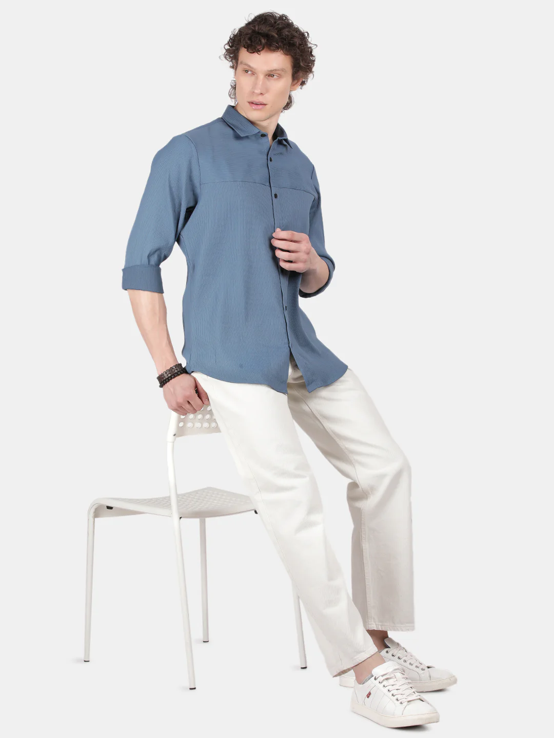 Men Blue Slim Fit Spread Collar Full Sleeve Casual Shirt - Image 5