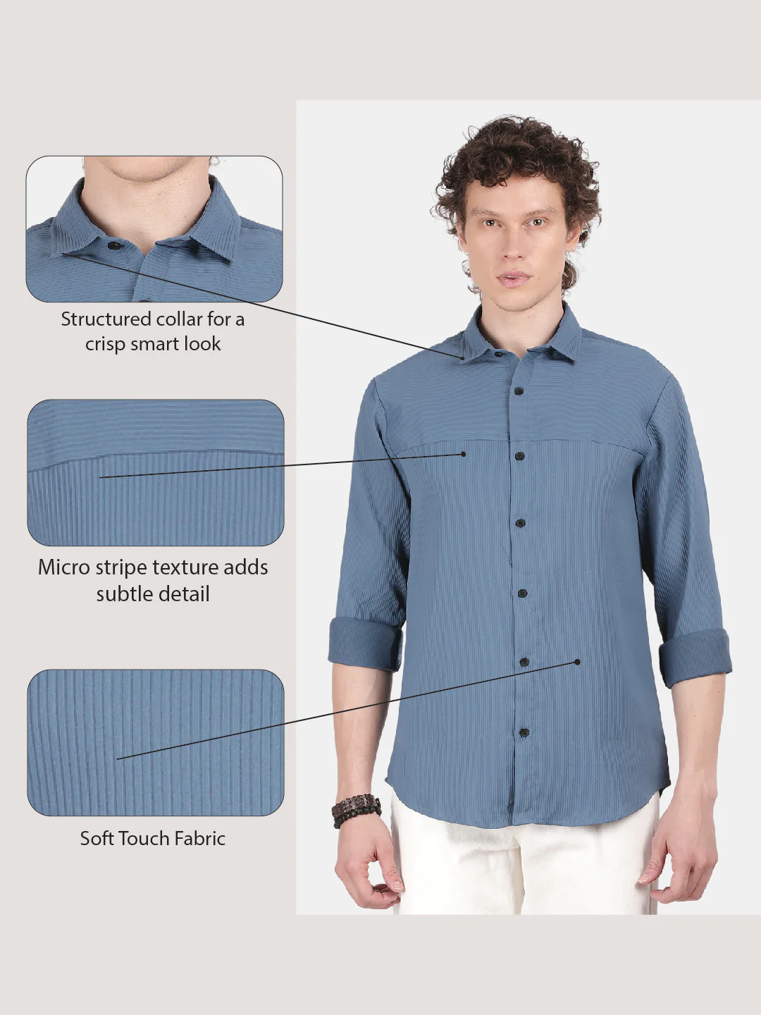 Men Blue Slim Fit Spread Collar Full Sleeve Casual Shirt - Image 6