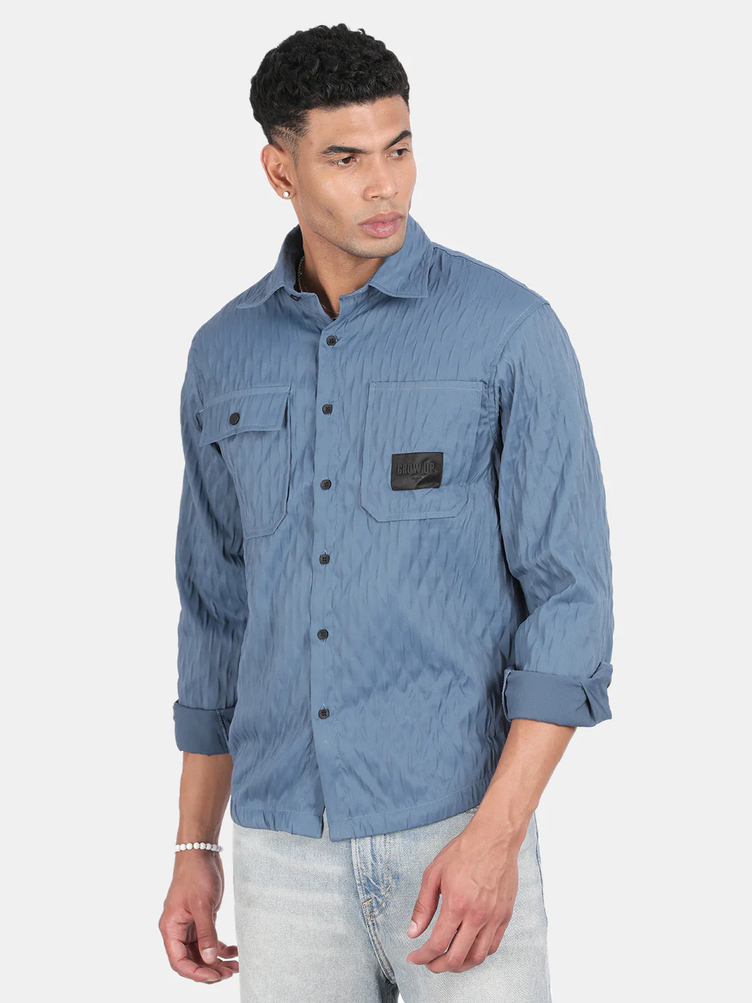 Men Blue Slim Fit Spread Collar Full Sleeve Casual Shirt - Image 2