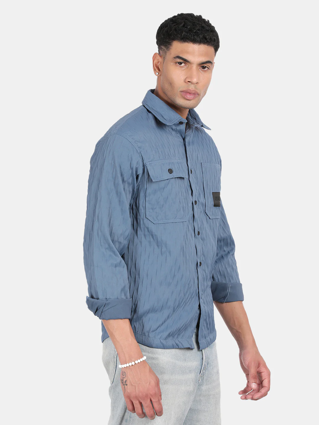 Men Blue Slim Fit Spread Collar Full Sleeve Casual Shirt - Image 4