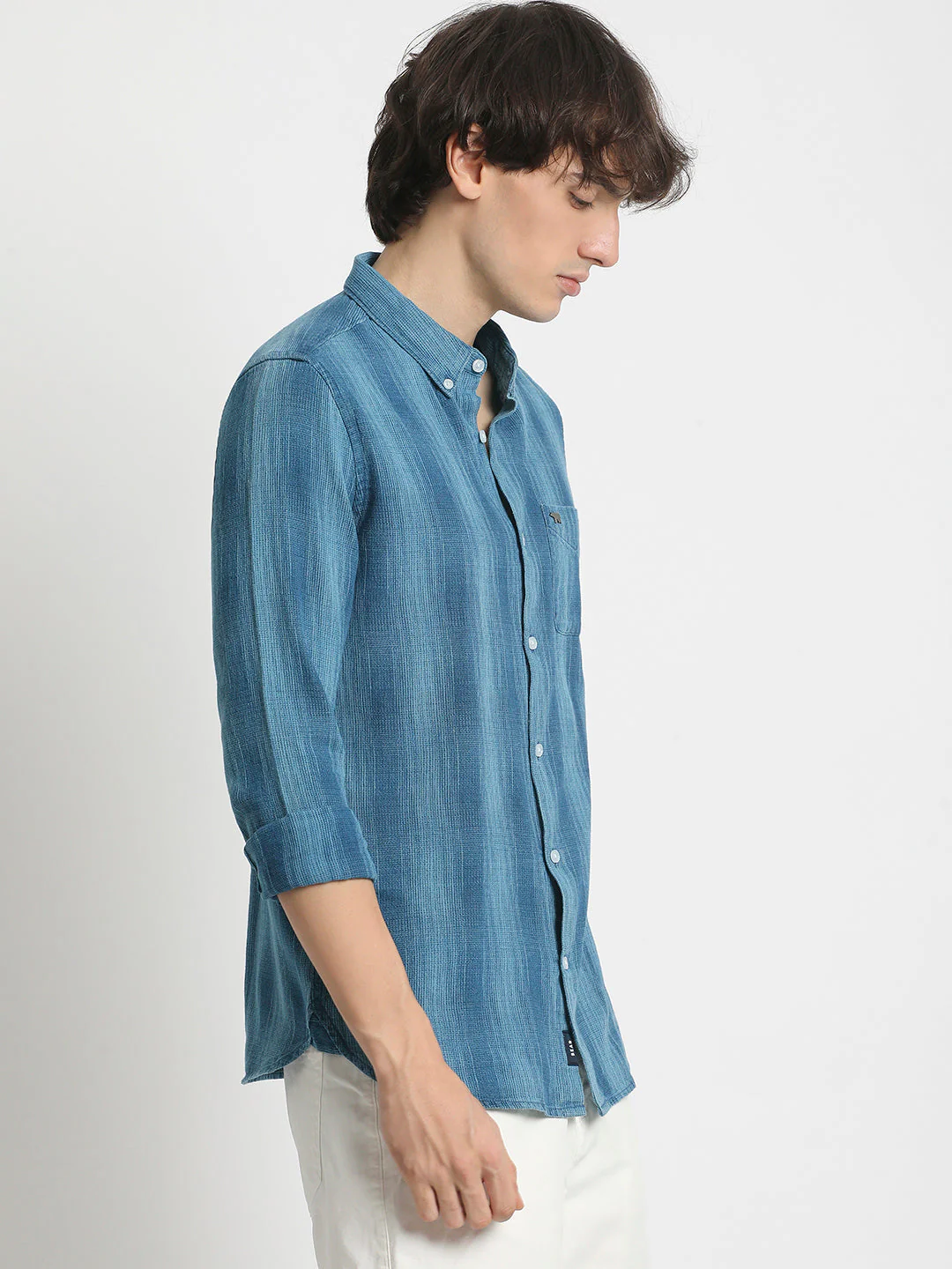 Men  Blue Slim Fit Vertical Stripe Casual Shirt - Image 3