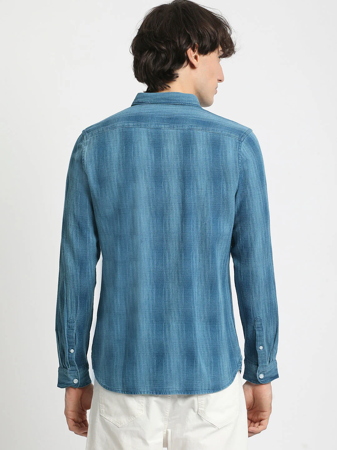 Men  Blue Slim Fit Vertical Stripe Casual Shirt - Image 4