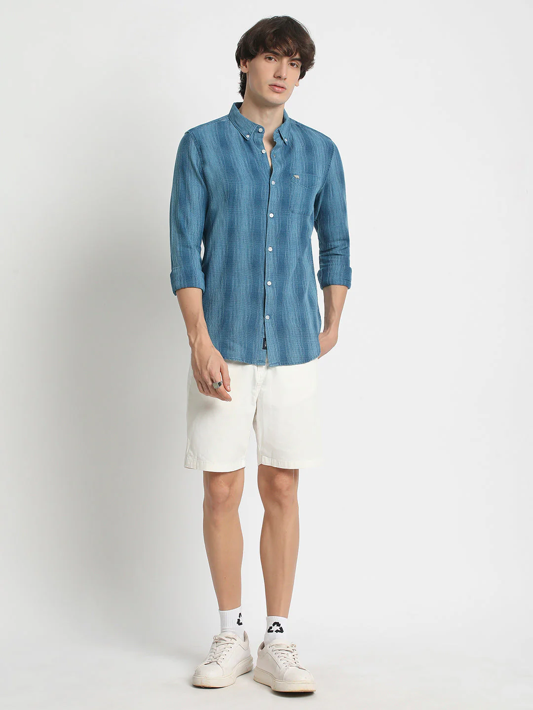 Men  Blue Slim Fit Vertical Stripe Casual Shirt - Image 5