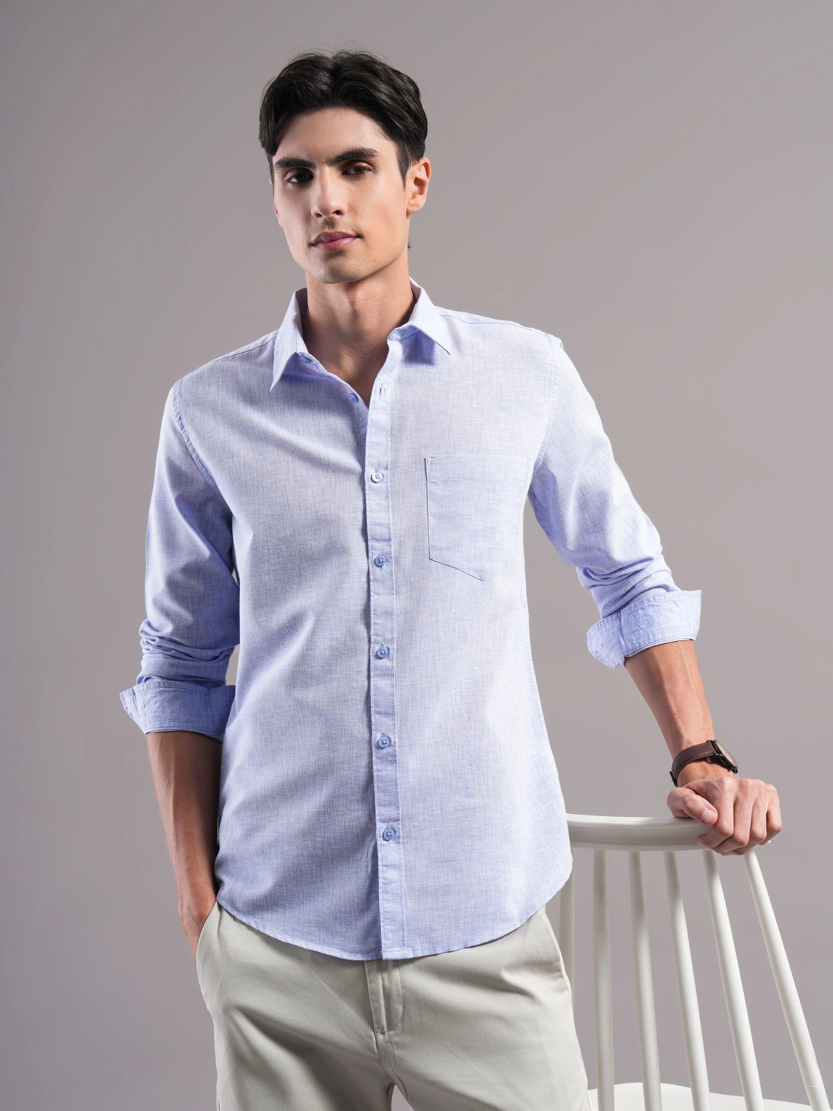Men Blue Solid Casual Shirt - Image 7