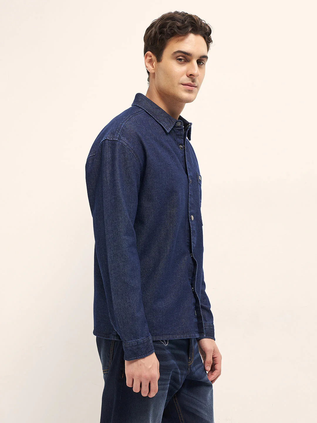 Men Blue Solid Cotton Denim Relaxed Fit Shacket - Image 3