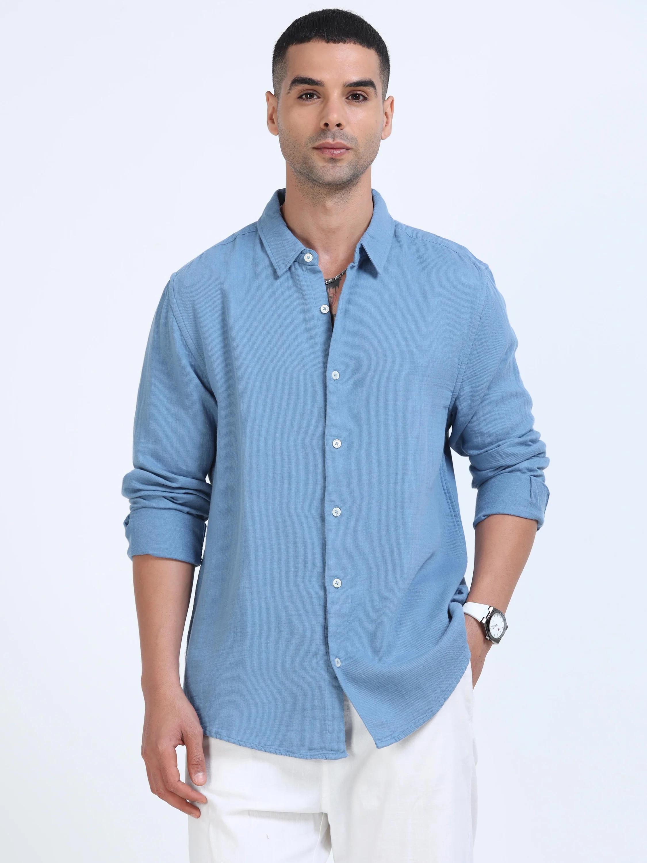 Men Blue Cotton Double Cloth Shirt - Image 2